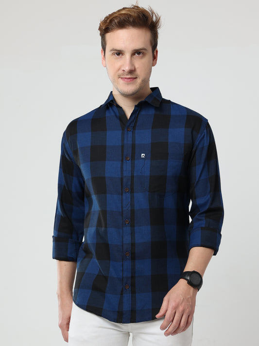 Tomtom Cotton Blend Navy Blue Plaid Shirt For Men