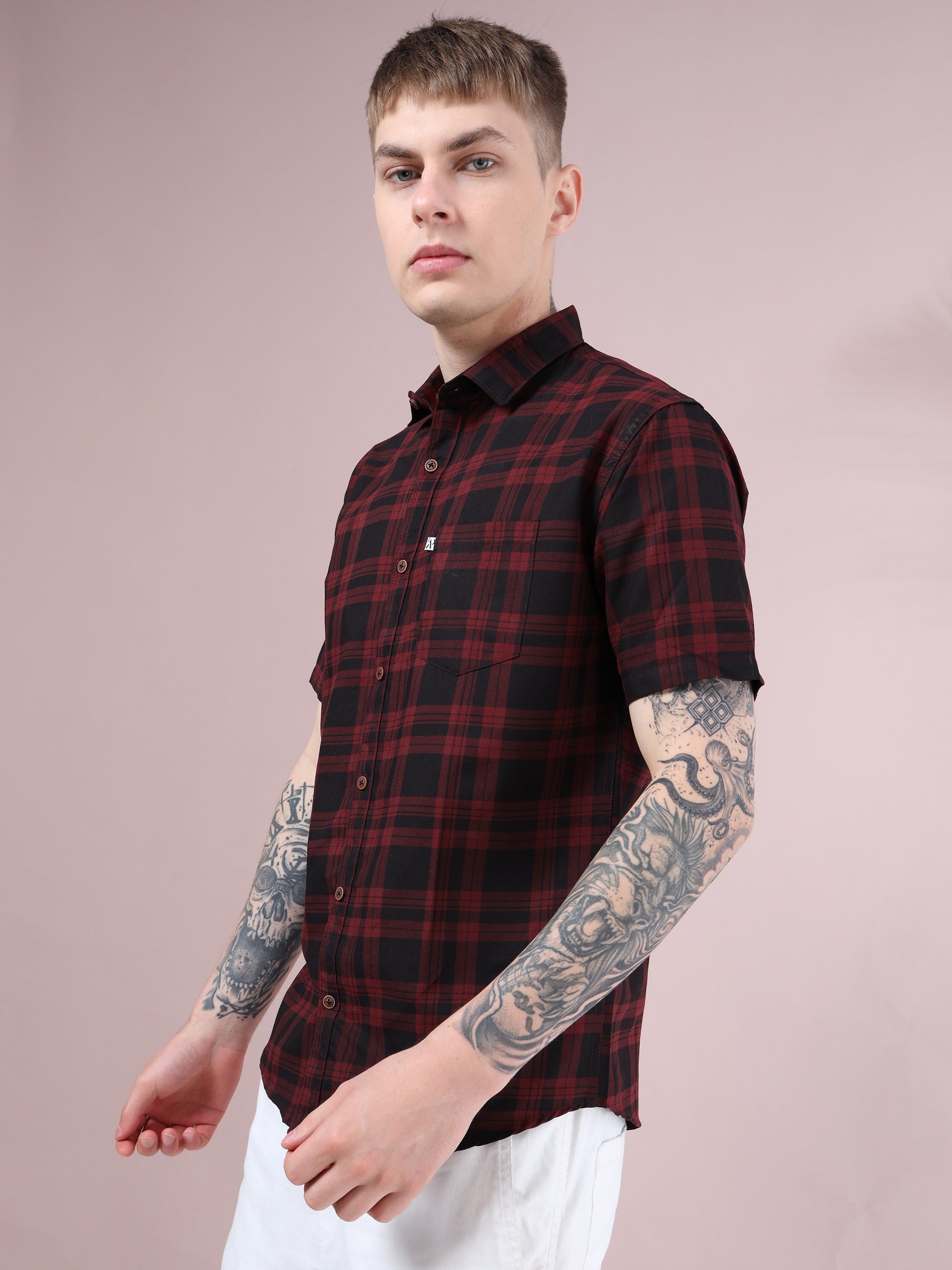 men’s maroon and black checked casual cotton shirt with short sleeves