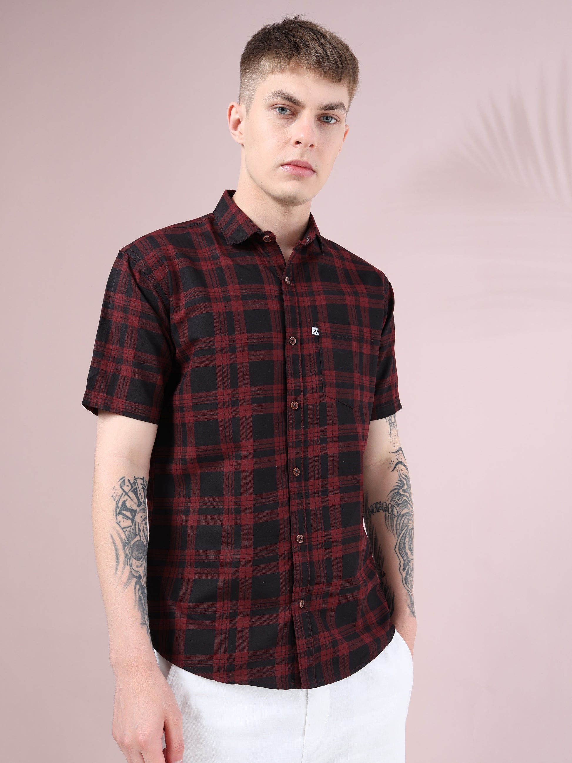men’s maroon and black checked casual cotton shirt with short sleeves.