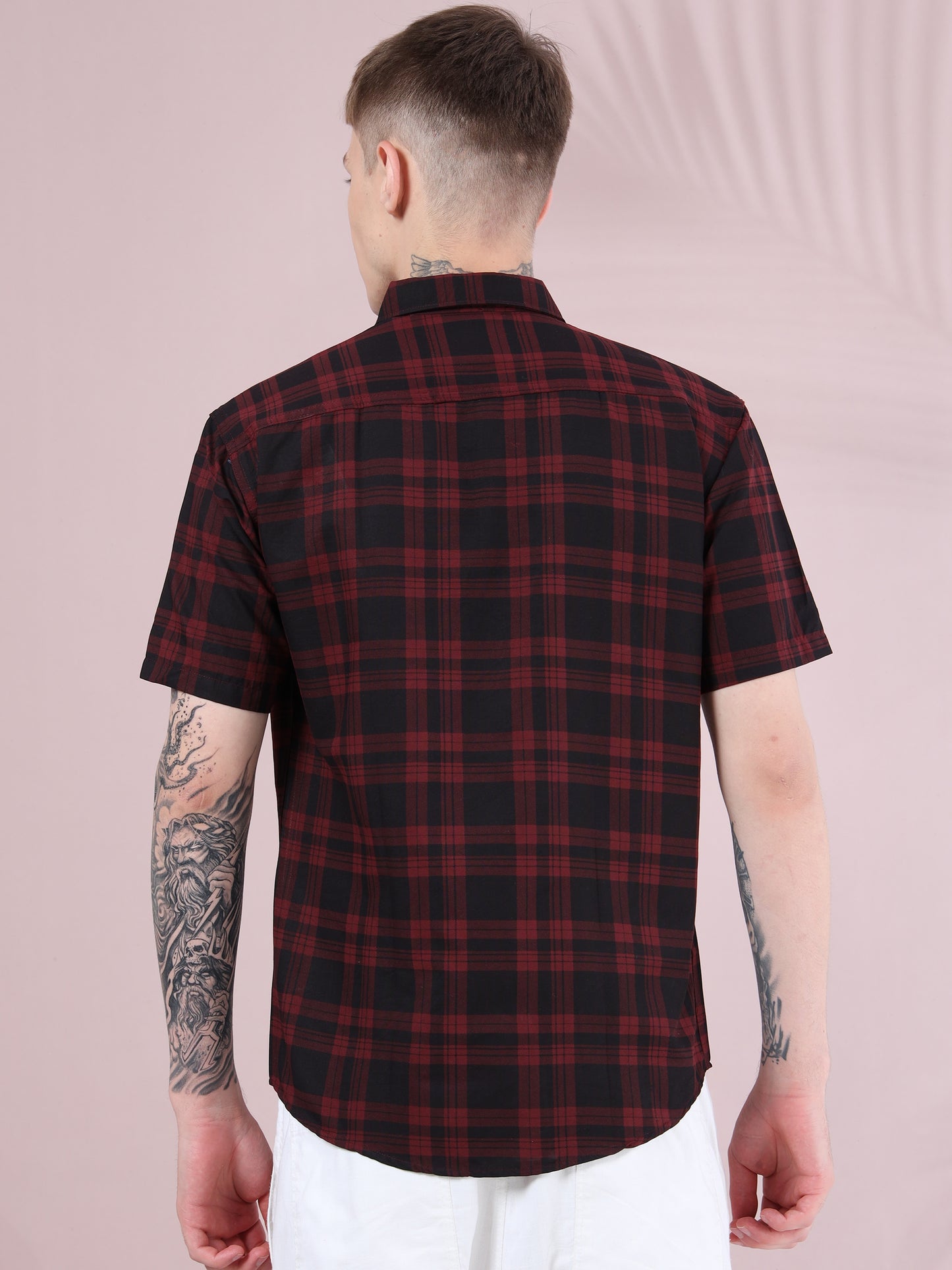 Men’s maroon black checkered short sleeve slim fit shirt styled for casual wear.
