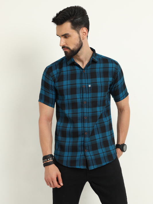 Wanted Navy Half Sleeve Plaid Shirt Cotton Men