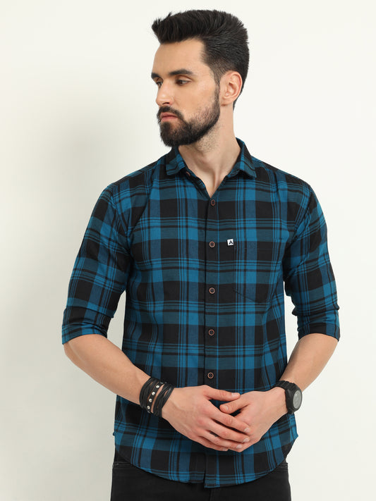 Wanted Cotton Blend Navy Plaid Shirt For Men