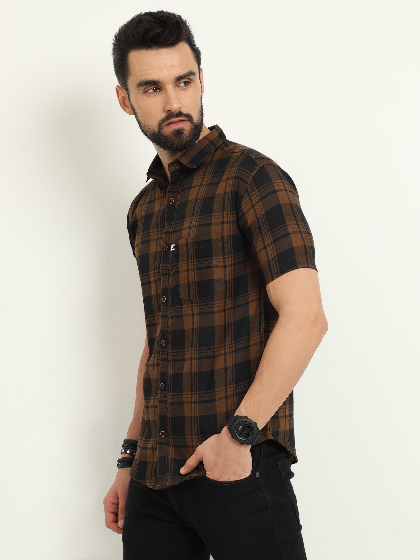 Wanted Brown Cotton Blend Half Sleeve Checks Shirt For Men