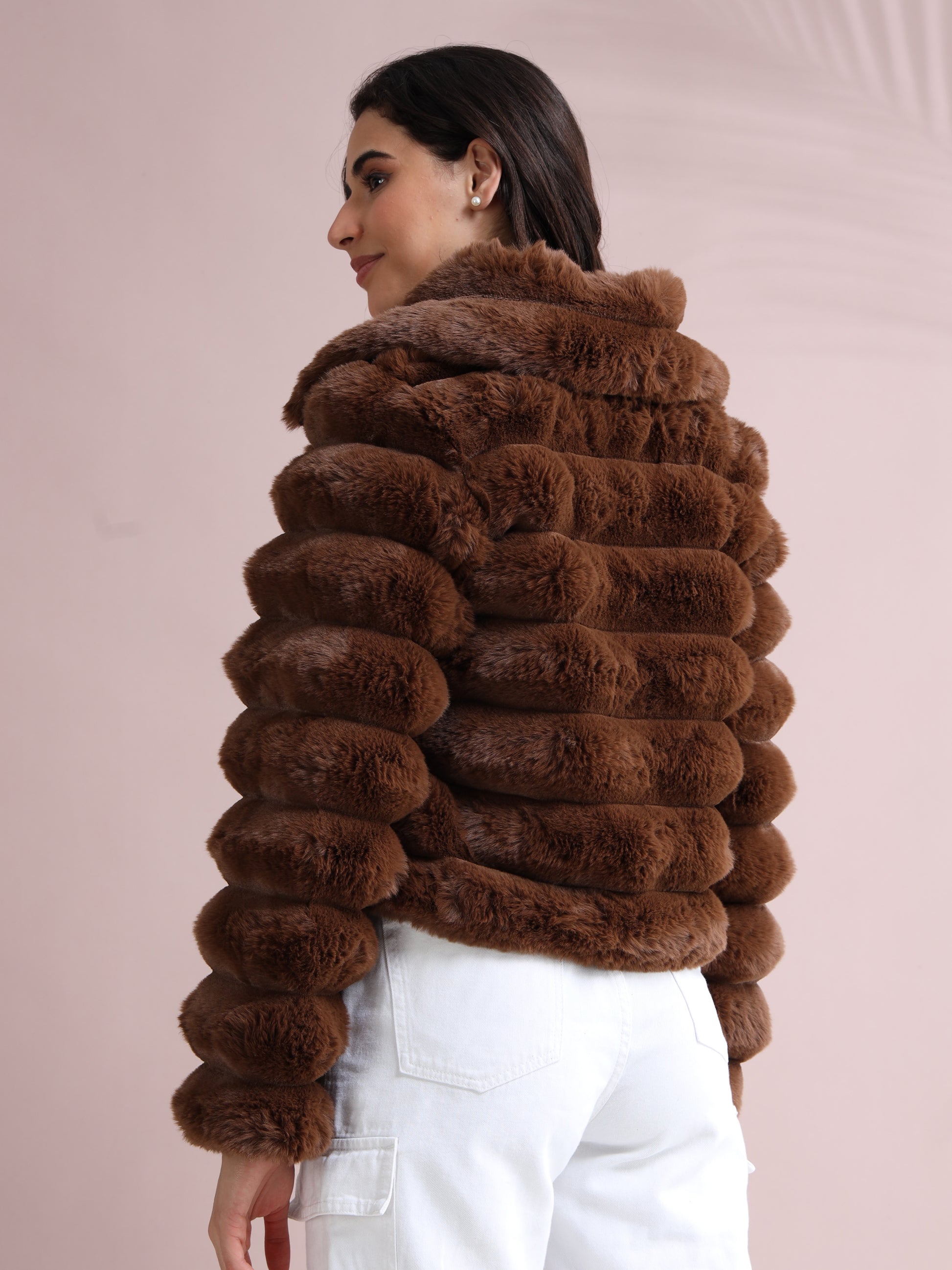 Brown faux fur puffer jacket with horizontal layers