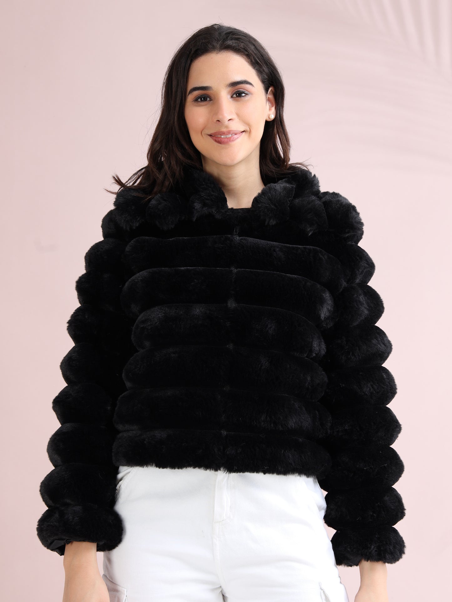 Women’s stylish black faux fur jacket with bubble sleeves