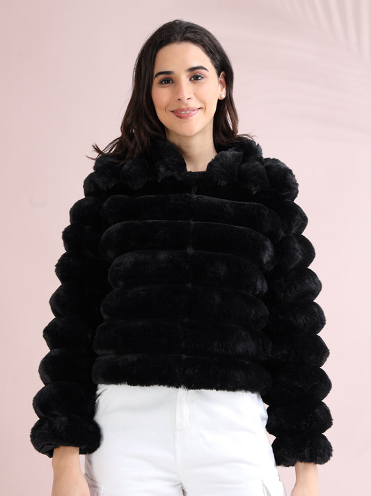 Women’s stylish black faux fur jacket with bubble sleeves