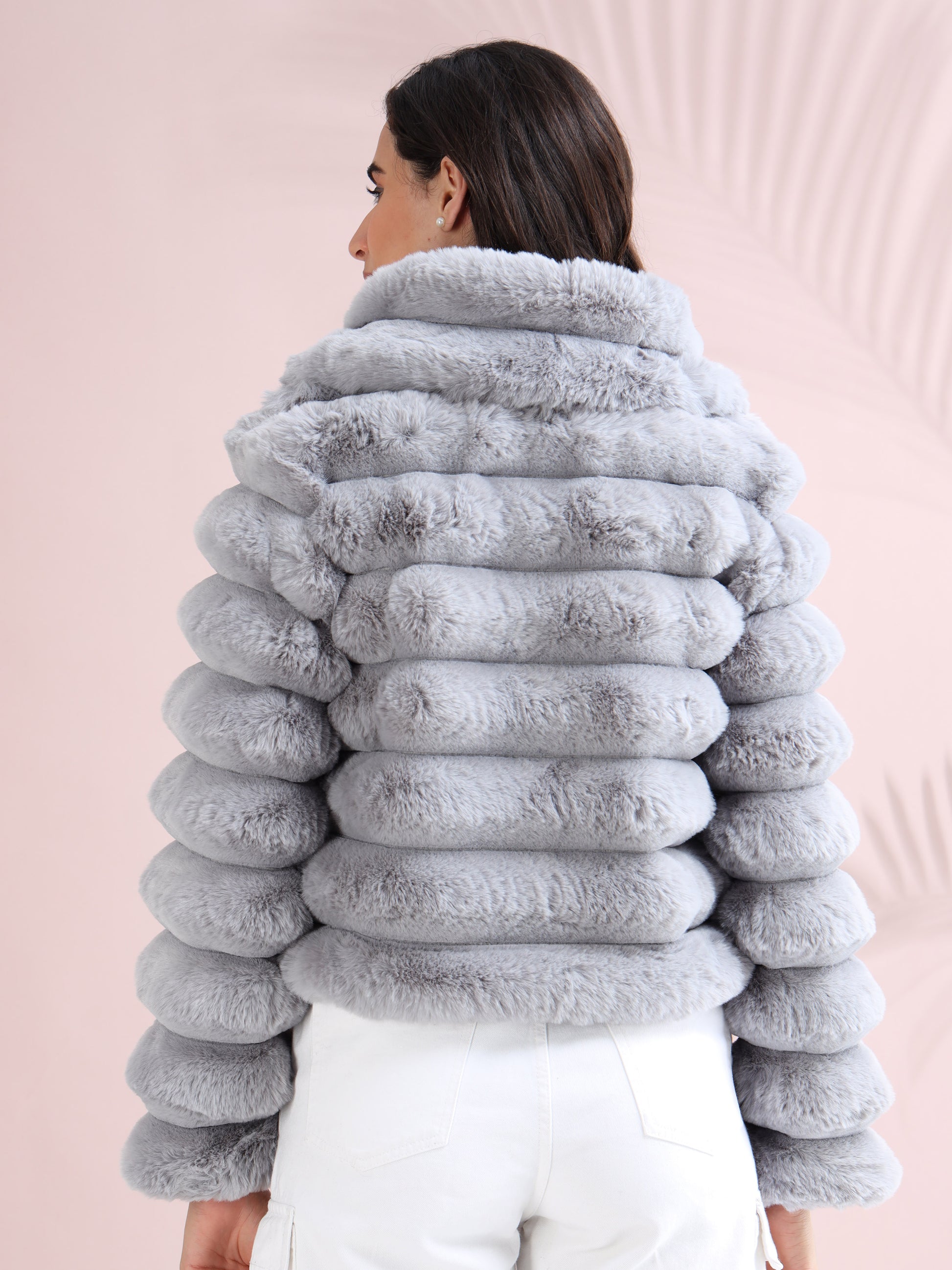 grey faux fur winter jacket with ribbed padded sleeves and high collar