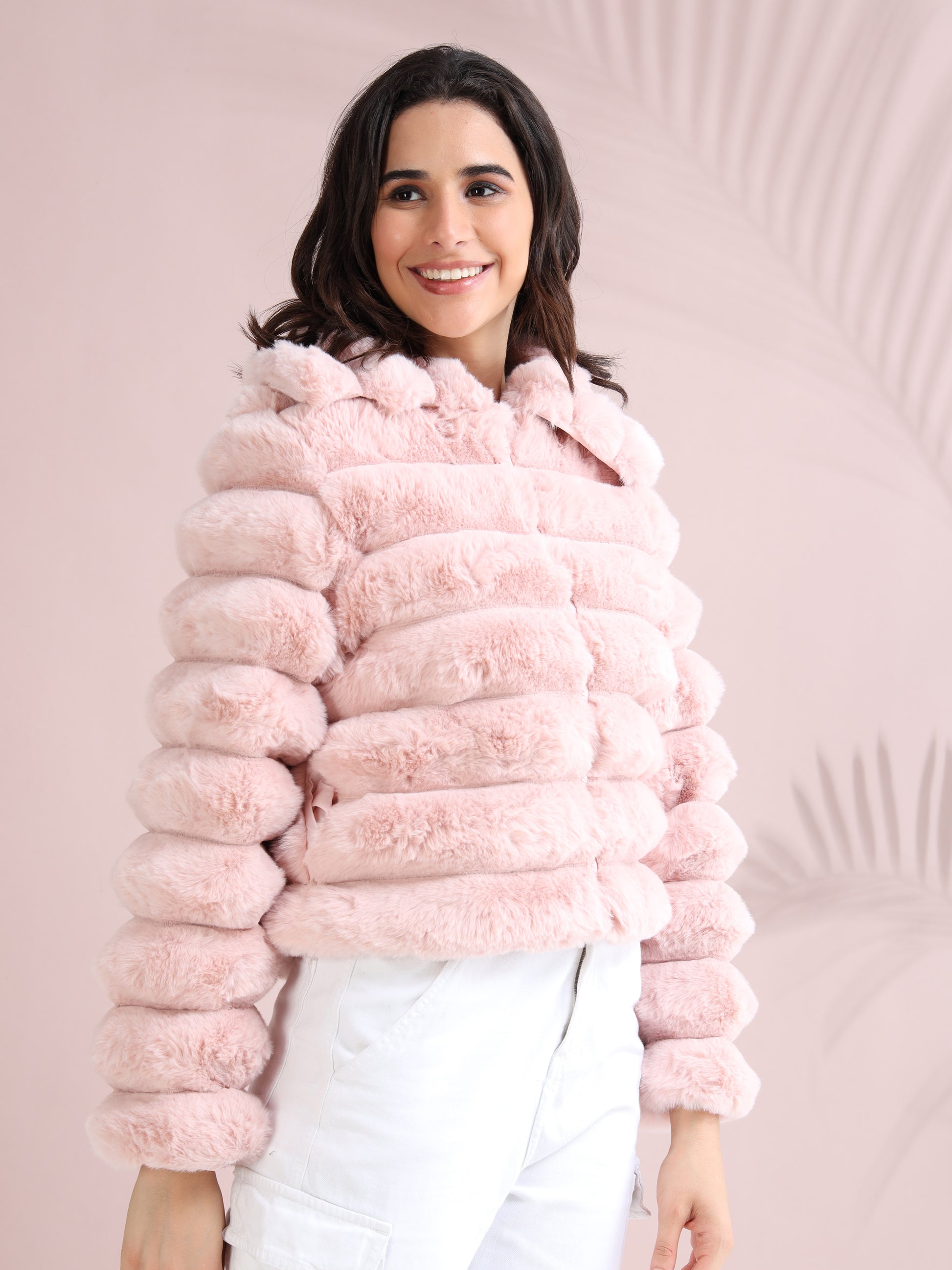 pink faux fur puffer jacket with zip closure
