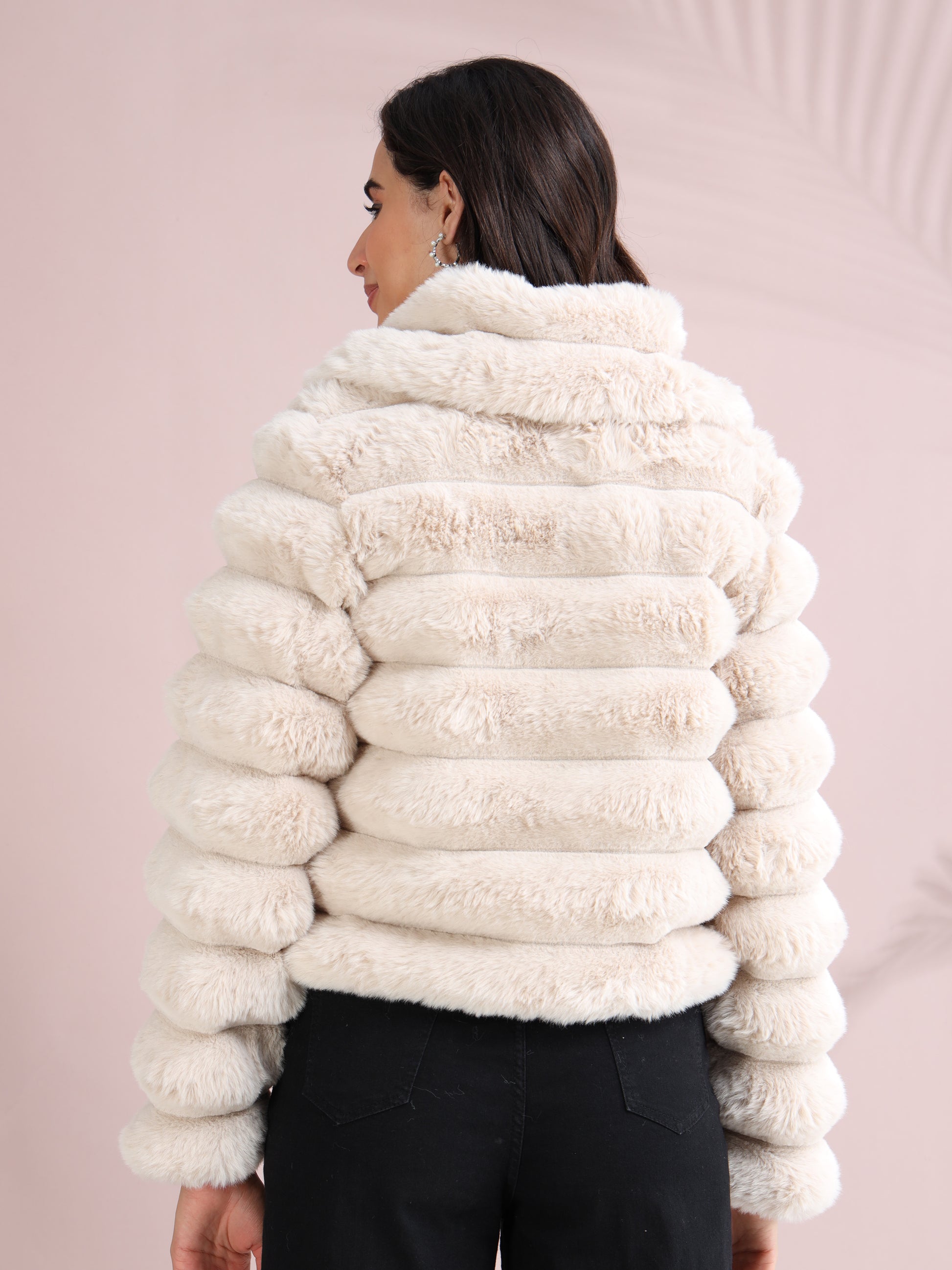 women’s beige faux fur puffer jacket with horizontal panel design