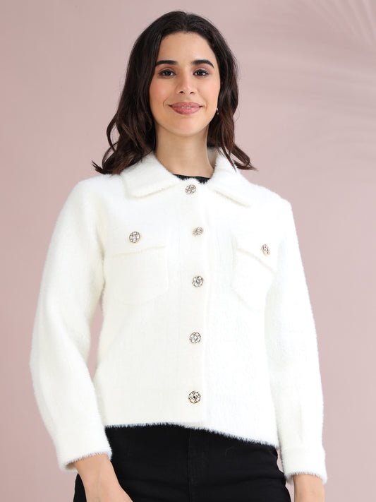Women's white faux fur buttoned jacket with collared neck and front flap pockets – stylish winter wear.