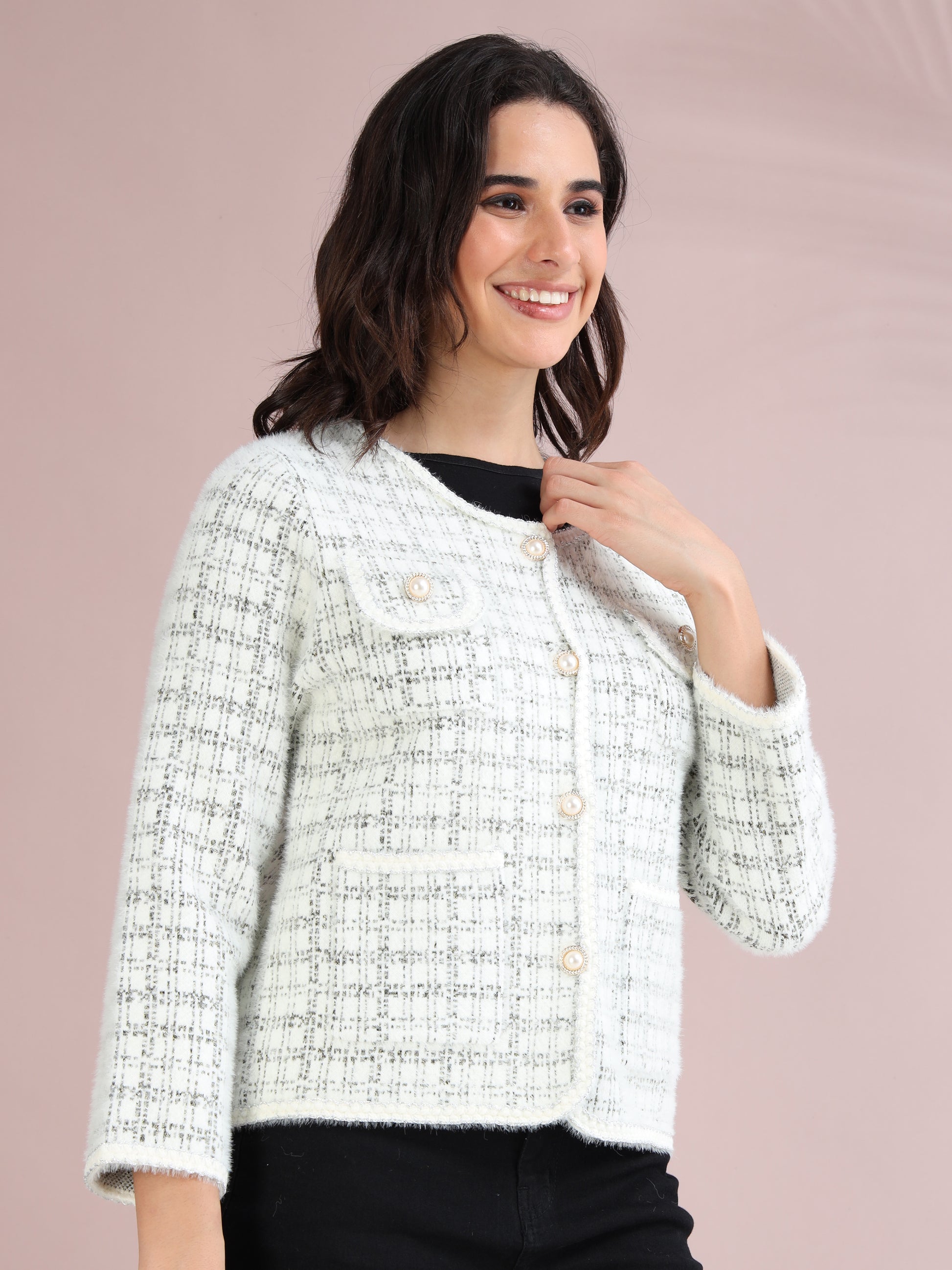 Elegant white tweed cardigan for women styled with pearl buttons and black check pattern