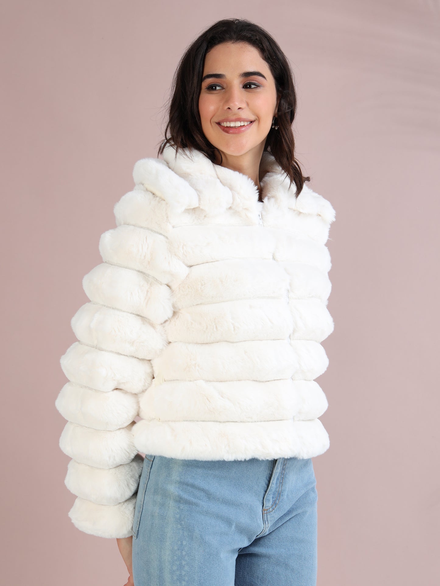 white fluffy faux fur winter jacket with front zip closure