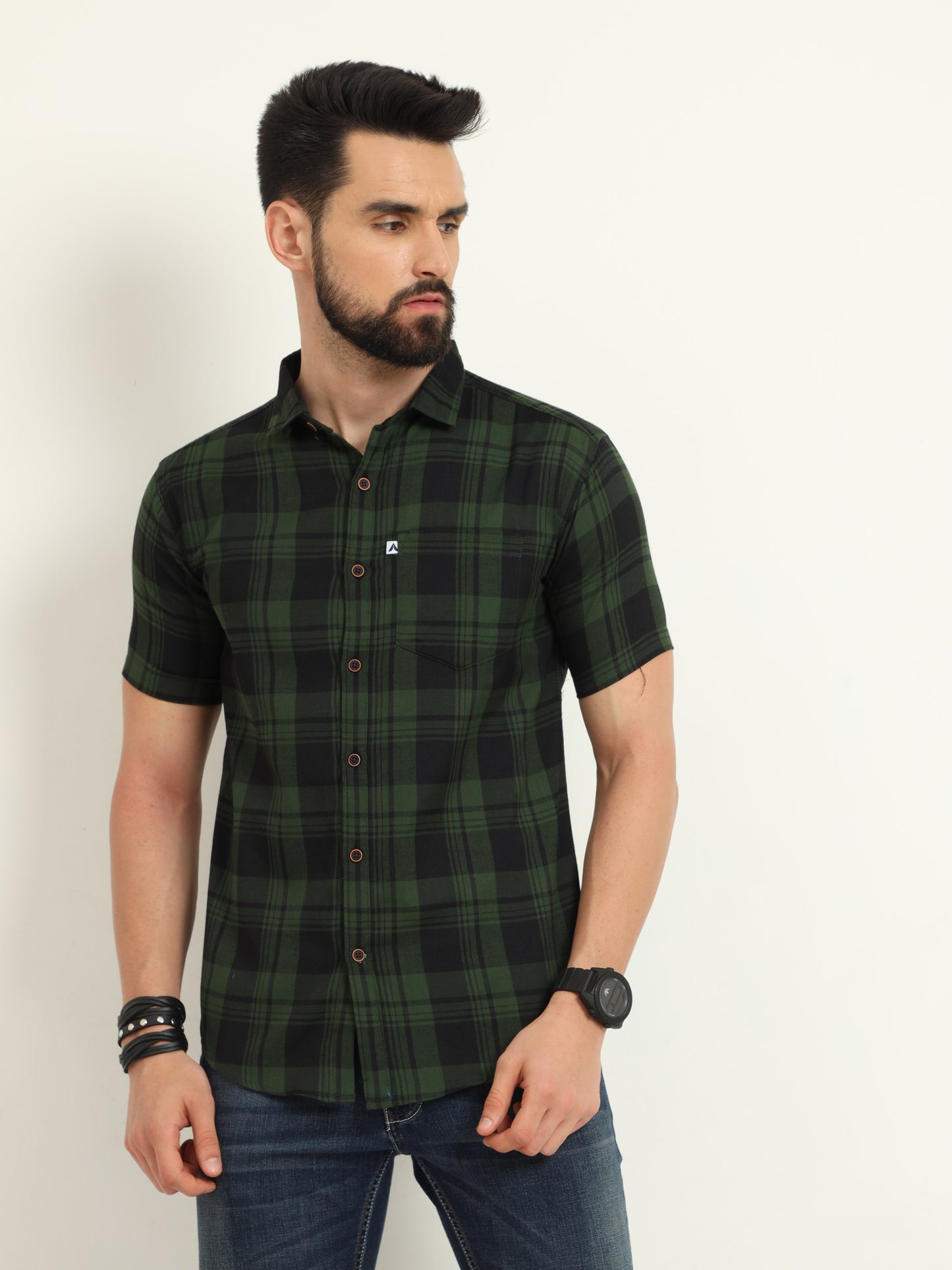  Wanted Cotton Blend Green Plaid Slim Casual Shirt For Men 