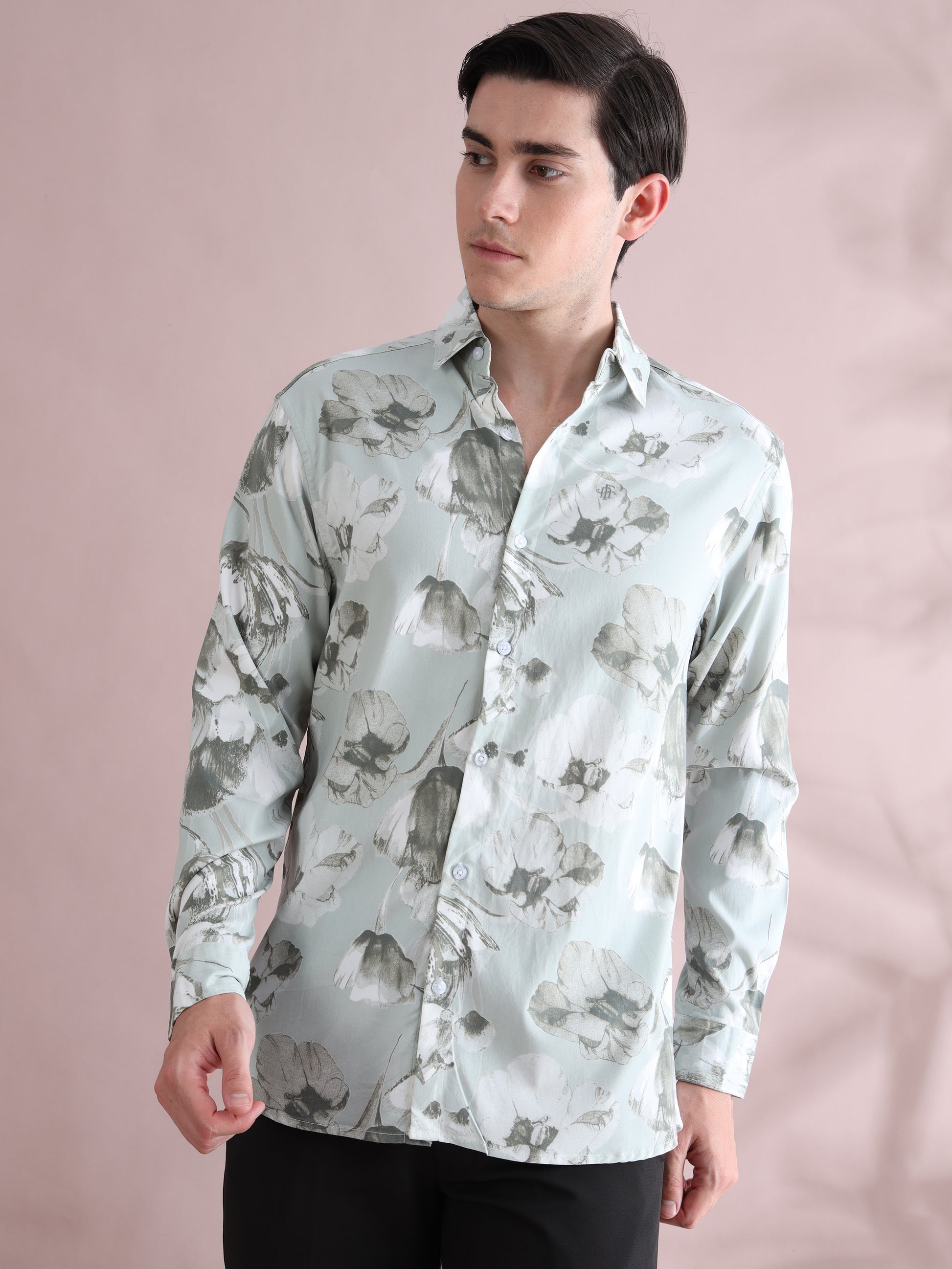 Full sleeve Green Lycra Printed Shirts  for Men 
