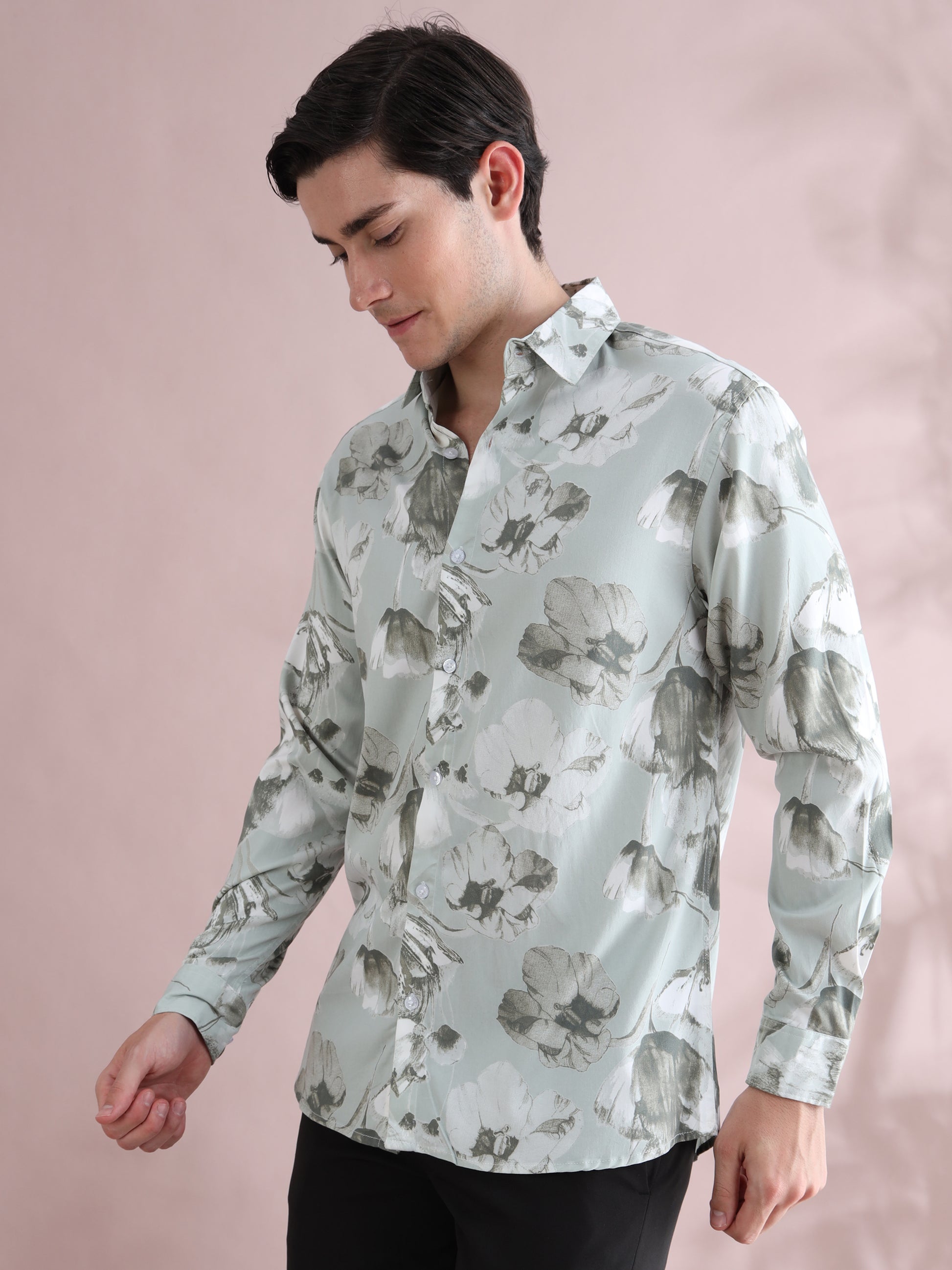 Full sleeve Green Lycra Printed Shirts  for Men 