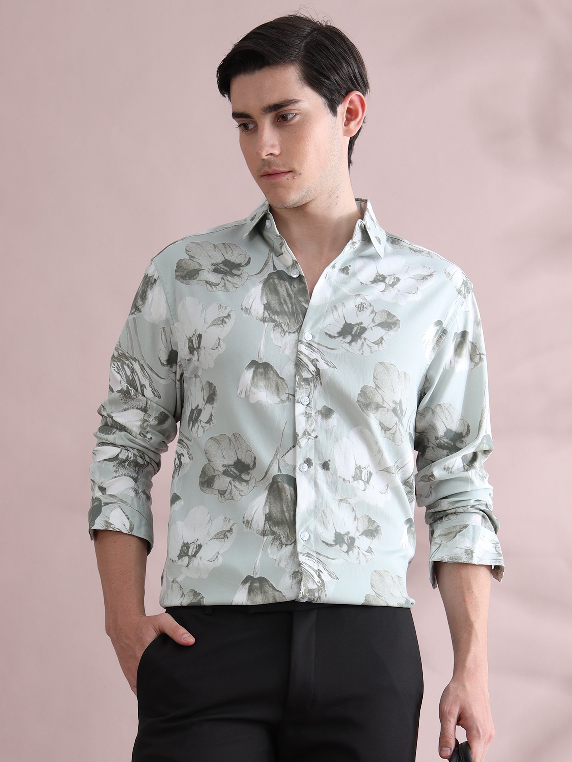 Full sleeve Green Lycra Printed Shirts  for Men 