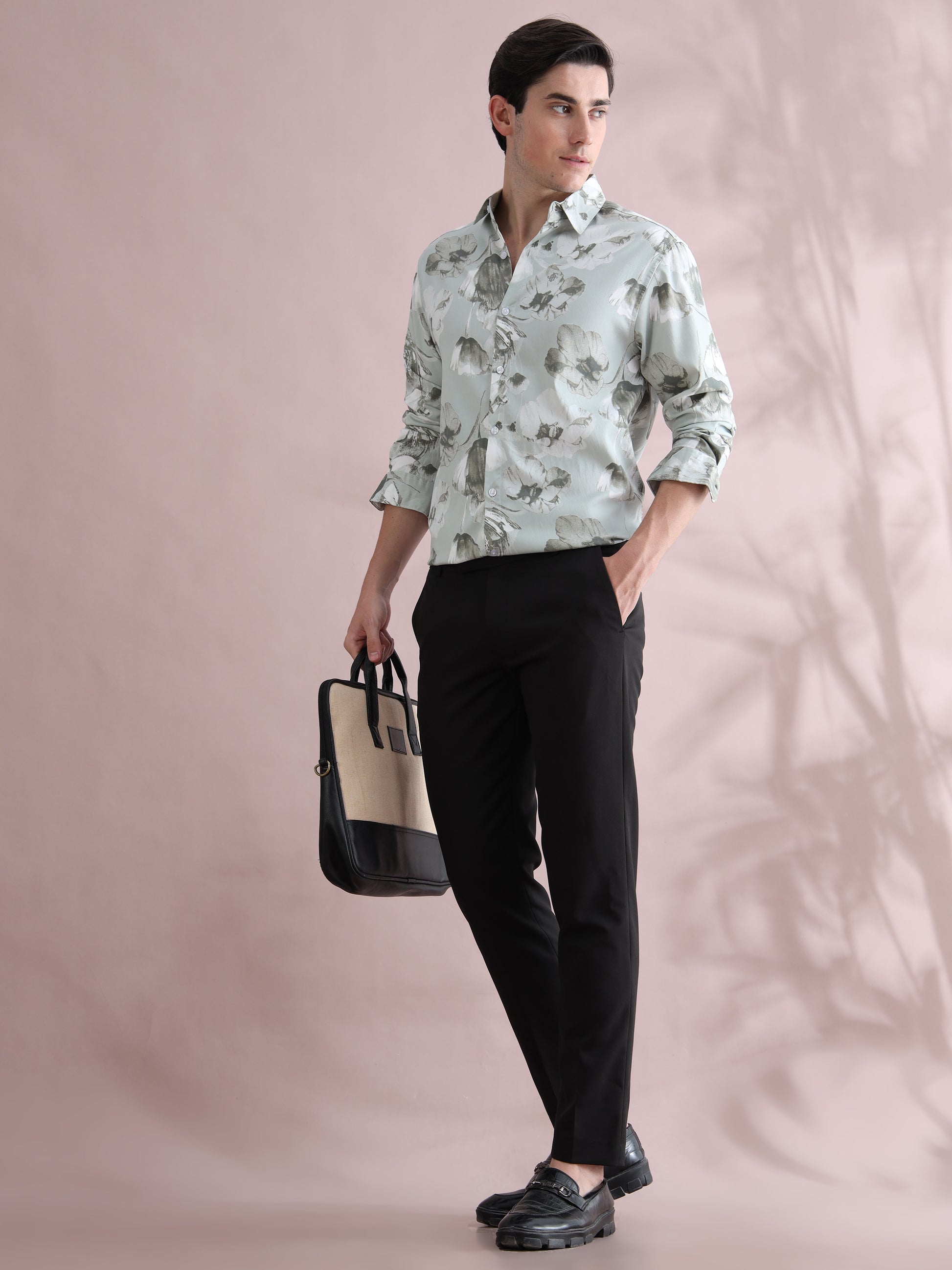 Full sleeve Green Lycra Printed Shirts  for Men 