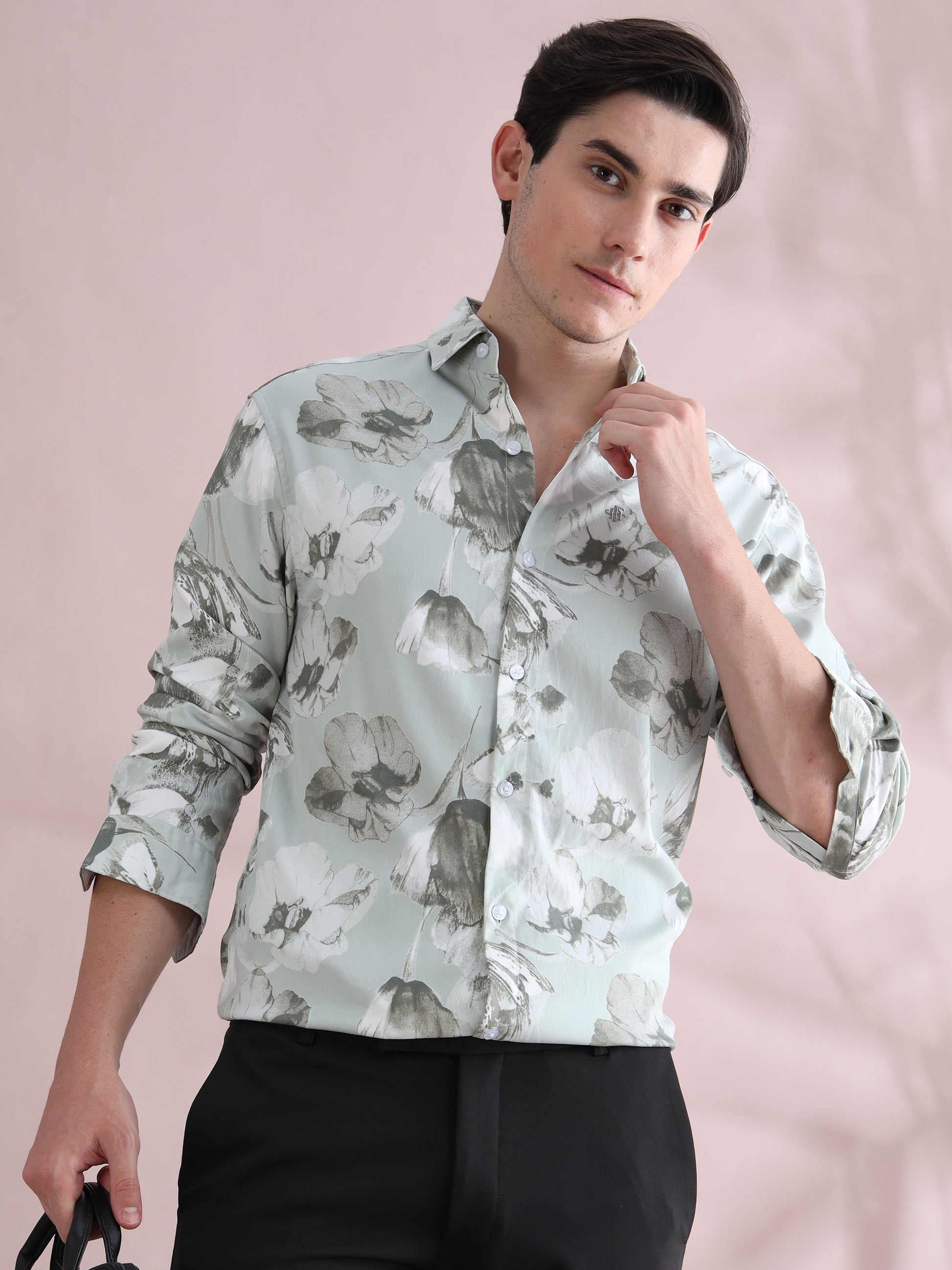 Full sleeve Green Lycra Printed Shirts  for Men 