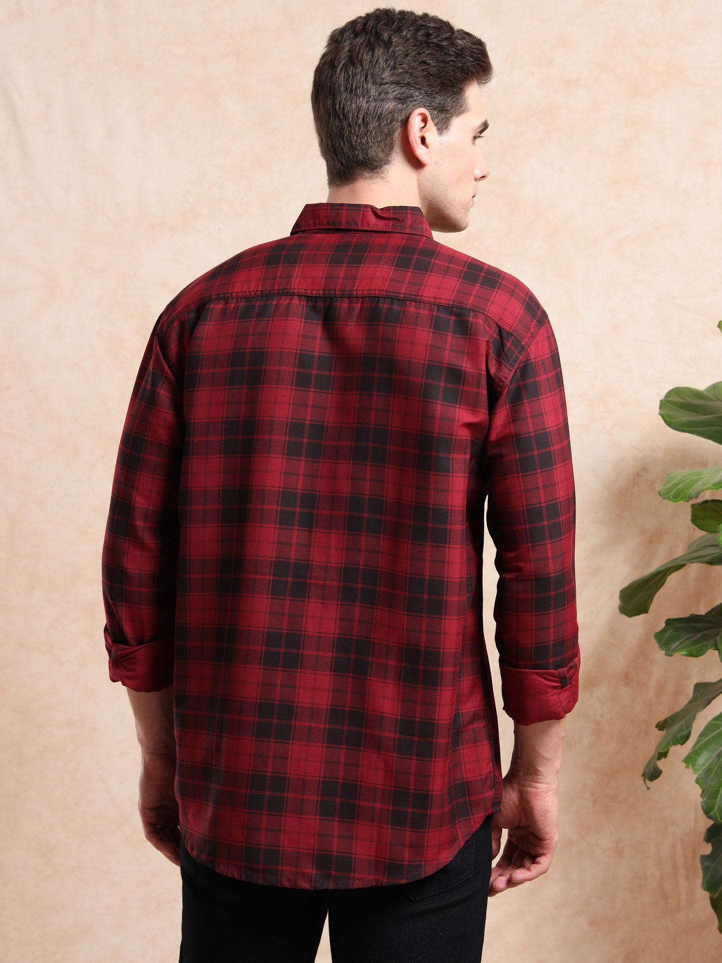 4BOXCHKS Red and Black Check Cotton Blend Full Sleeve Shirt for Men