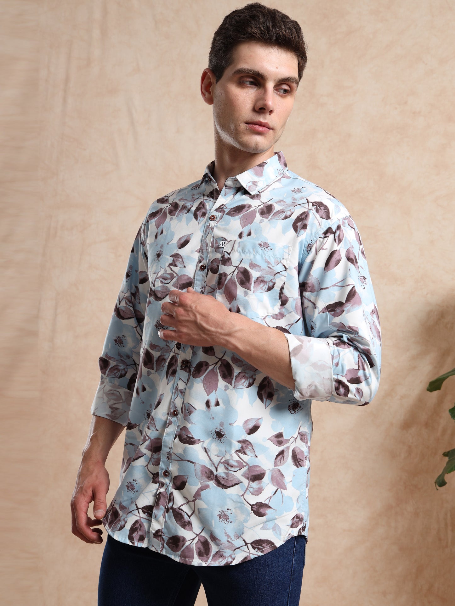 BSL Men's Blue Floral Printed Shirt