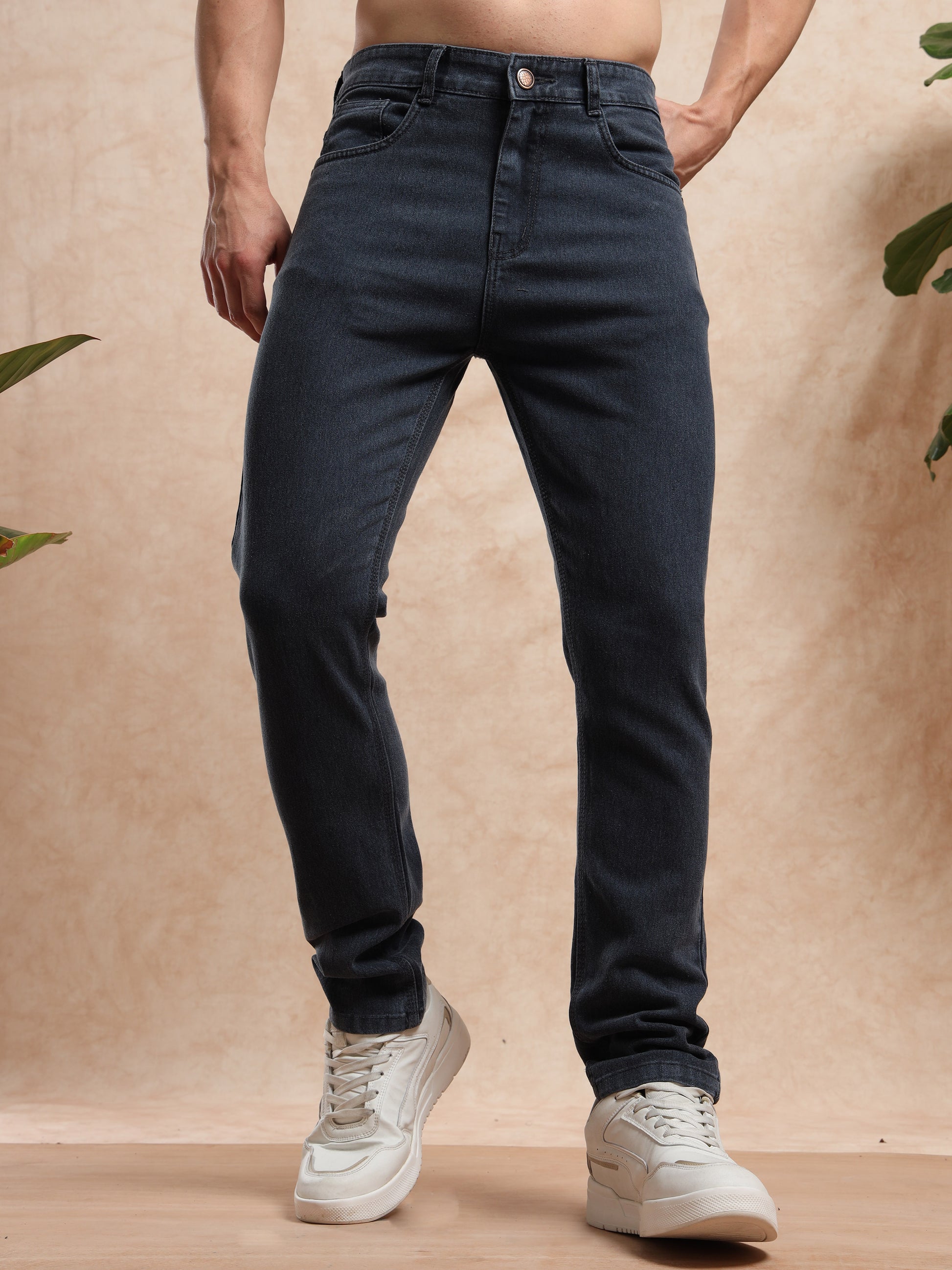 Casual Slim Fit Dark Grey Jeans for Men