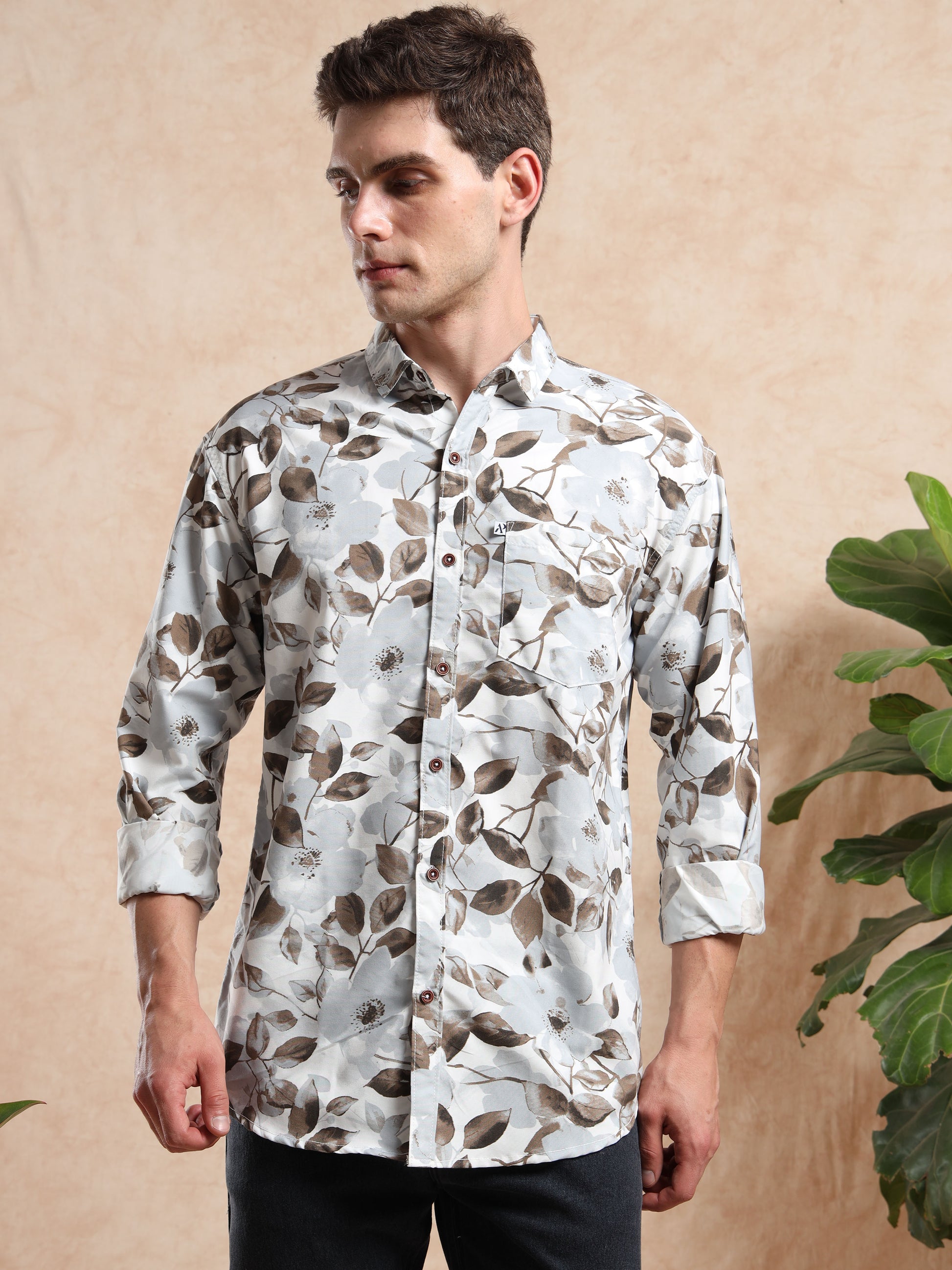 Stylish Men’s Floral Shirt in  Grey with Brown Leaf Design