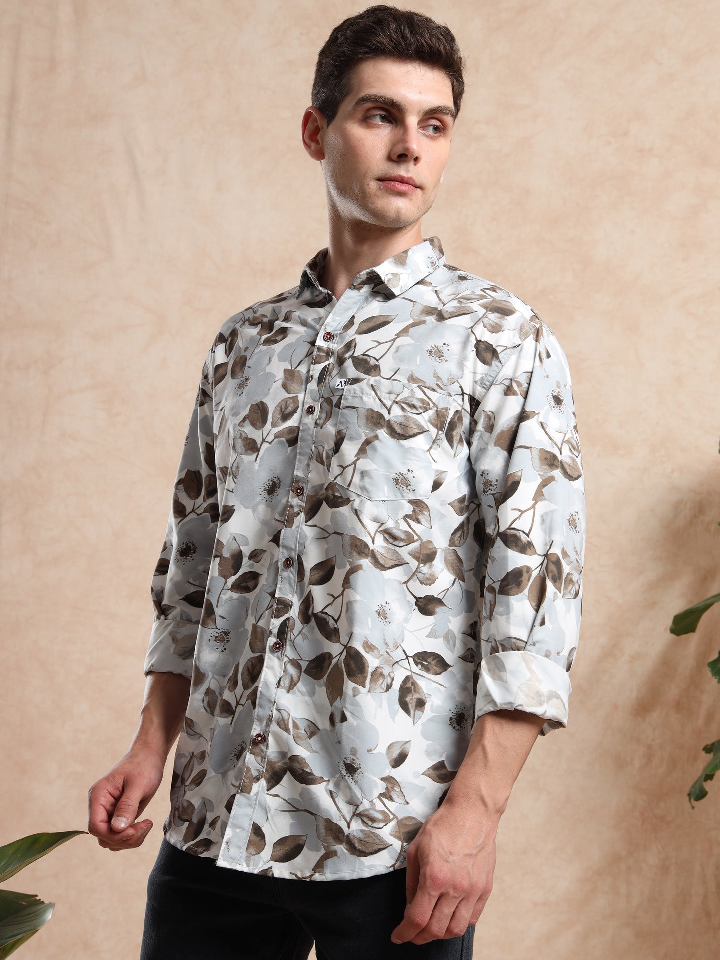 Trendy Full Sleeve  Grey Floral Print Shirt for Men