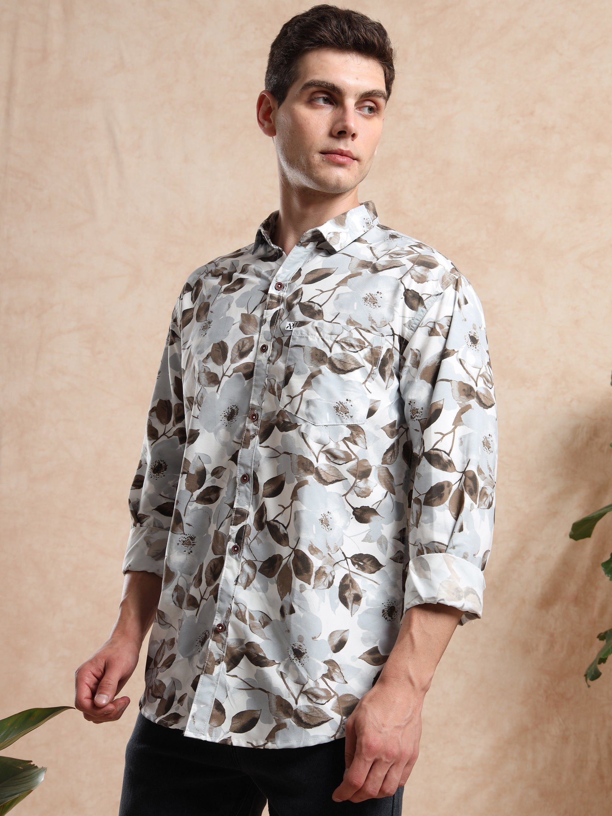 Trendy Full Sleeve  Grey Floral Print Shirt for Men