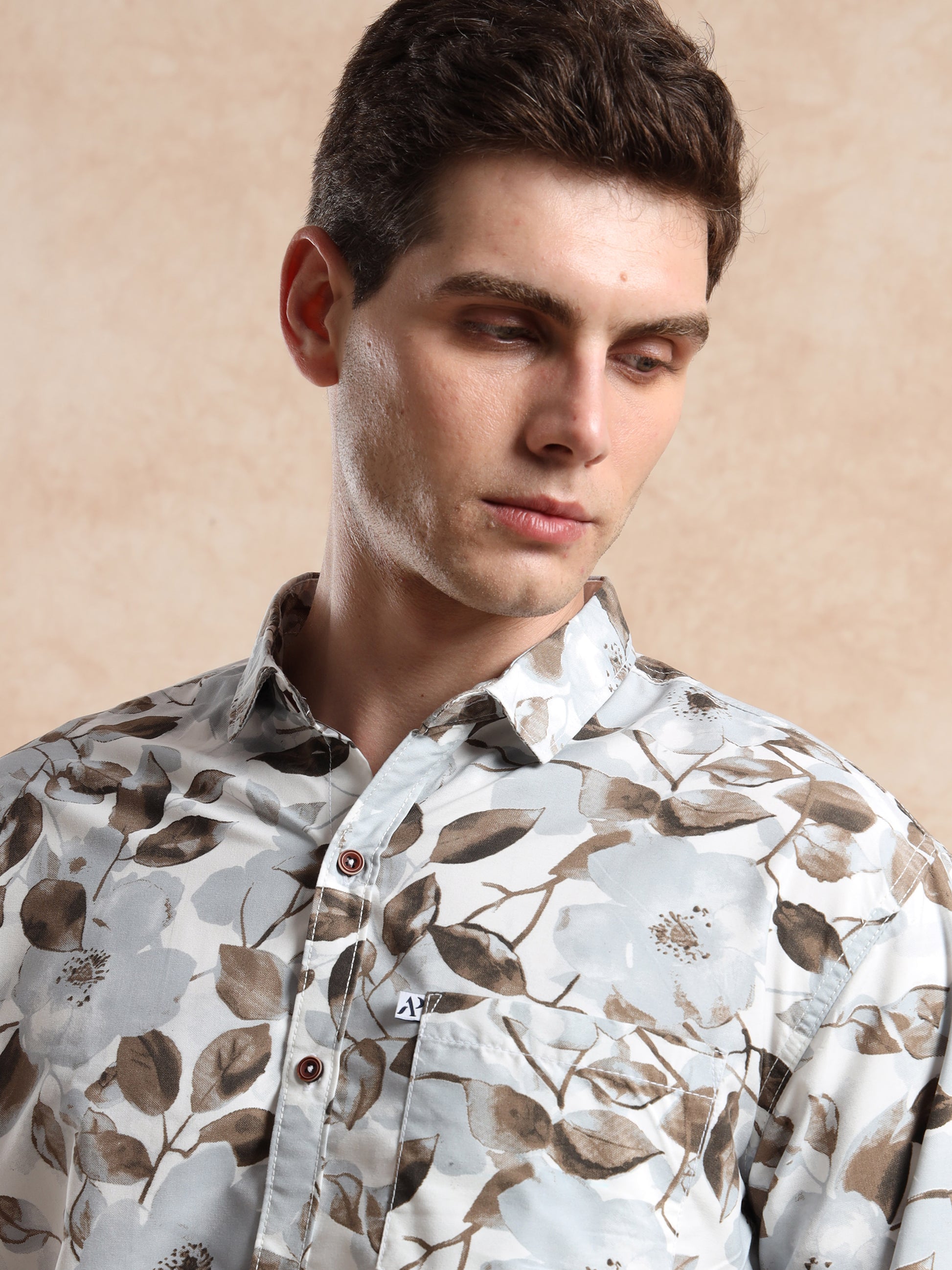 Men’s Ash Grey Floral Printed Shirt