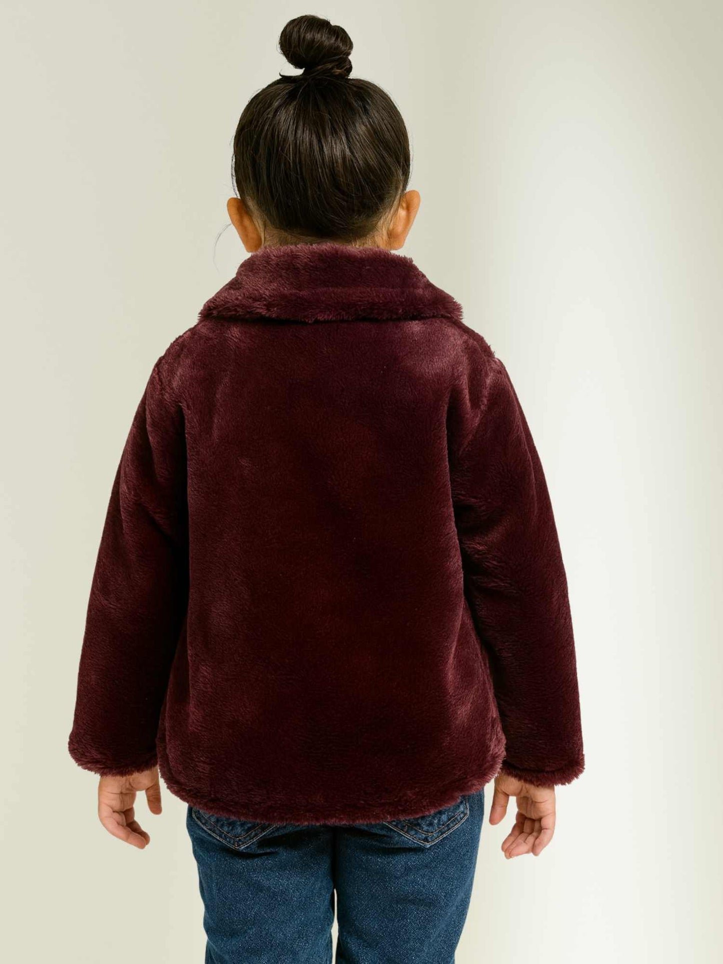 a maroon faux fur jacket, plush winter coat for girls by Faryra