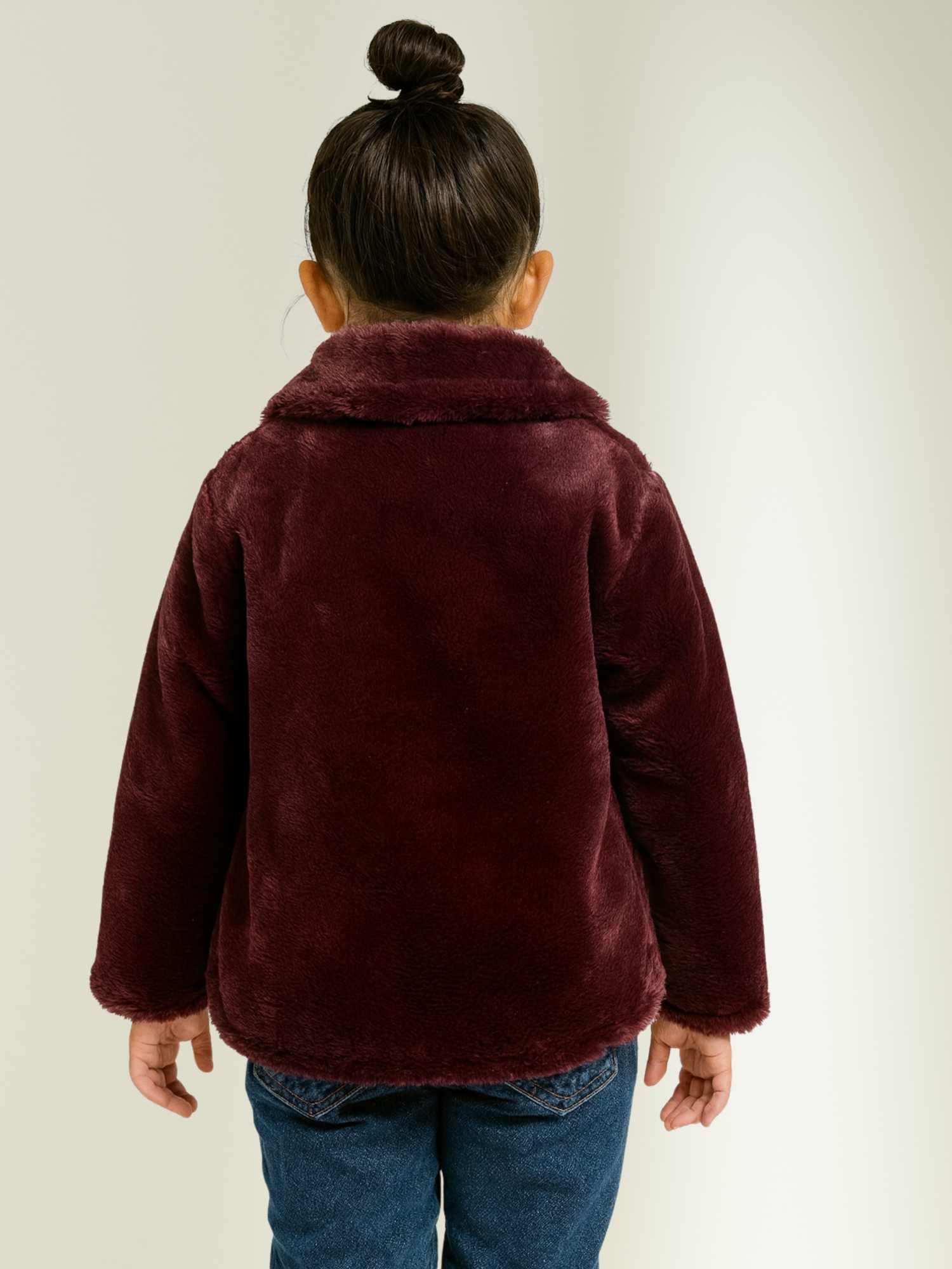 a maroon faux fur jacket, plush winter coat for girls by Faryra