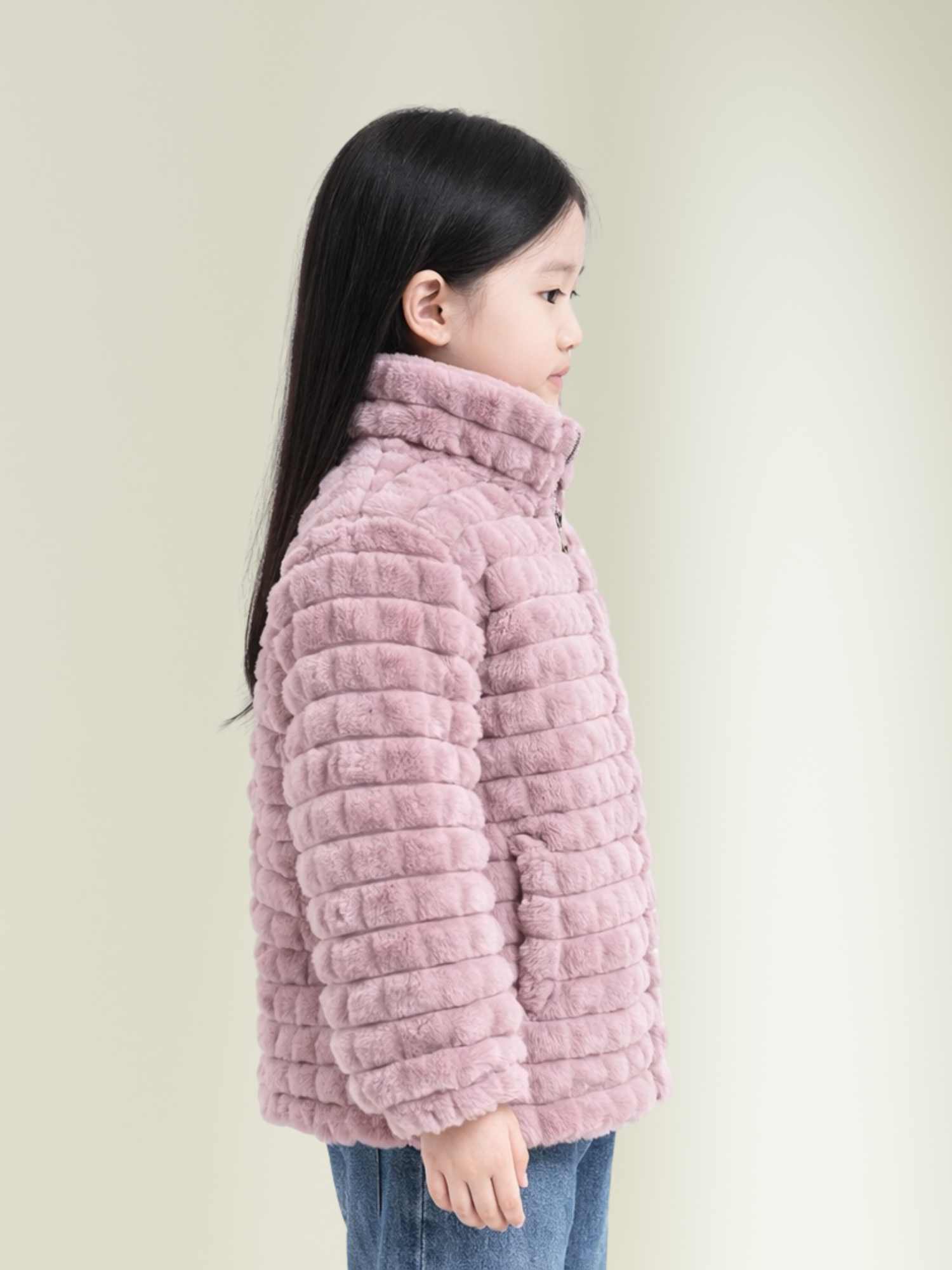 plush winter jacket with high neck collar and soft faux fur material