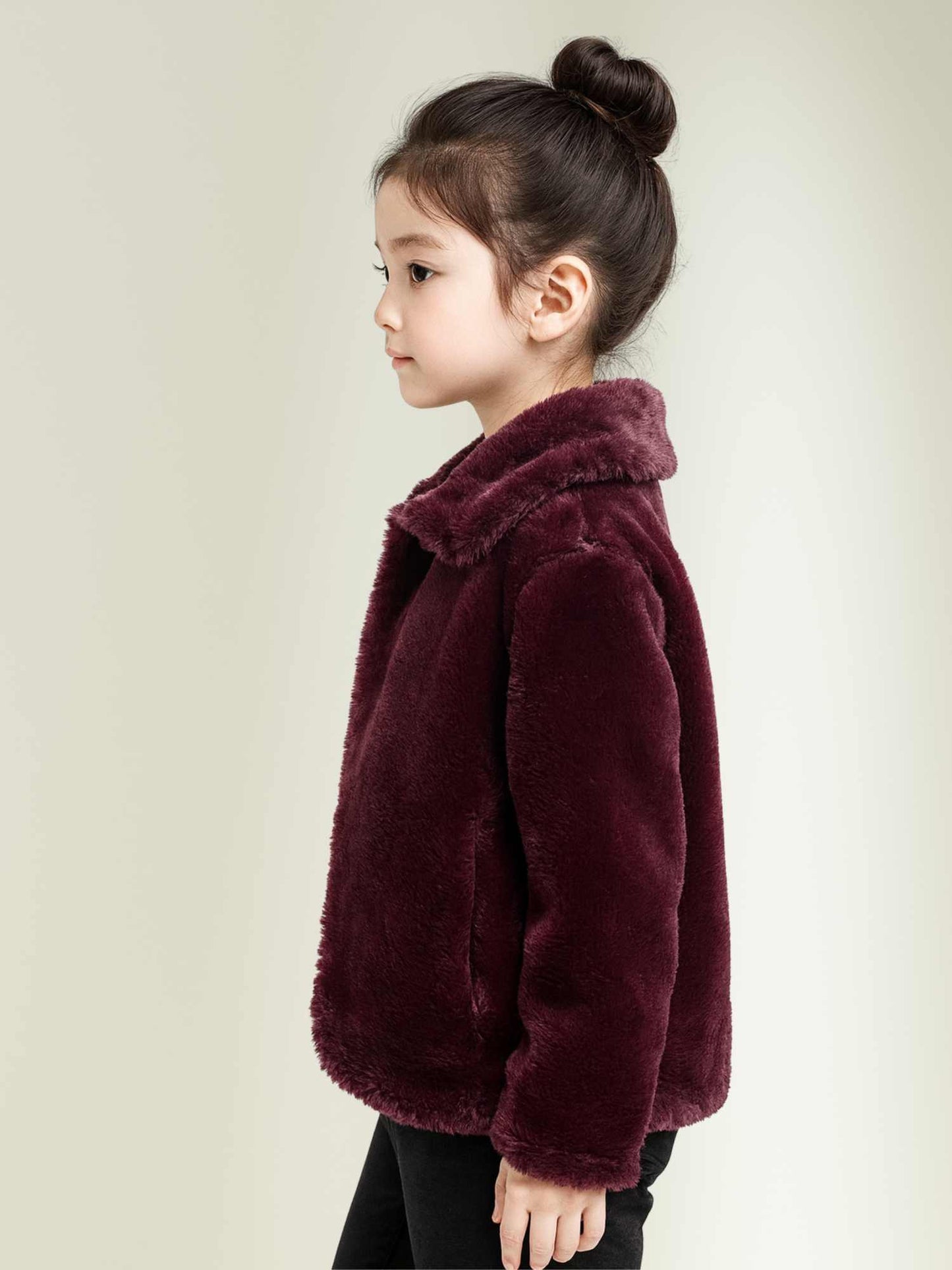 maroon faux fur winter jacket by Faryra, soft fluffy texture, stylish and warm kids jacket.