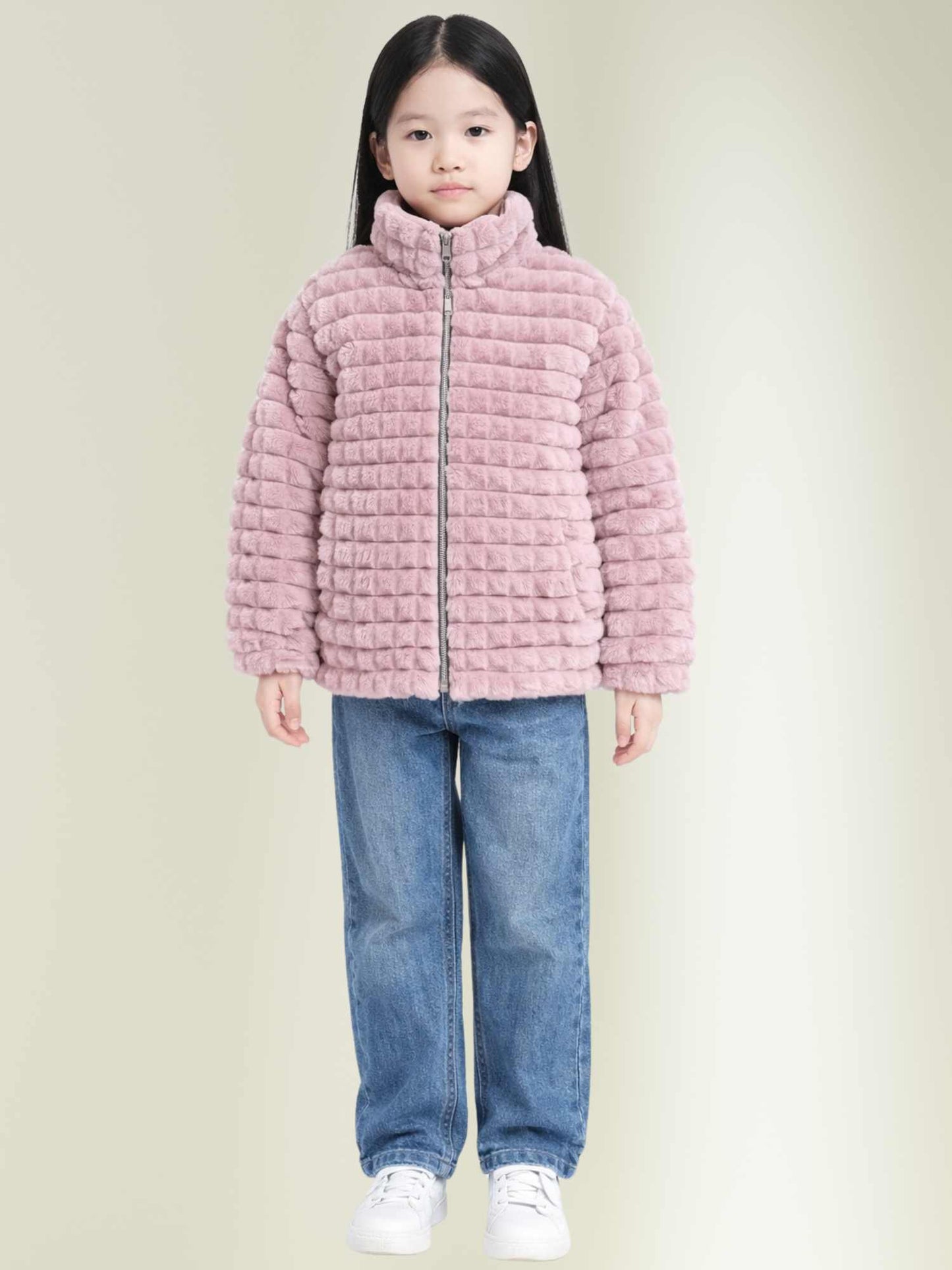 winter jacket with zip closure and high neck, stylish warm winter wear for girls