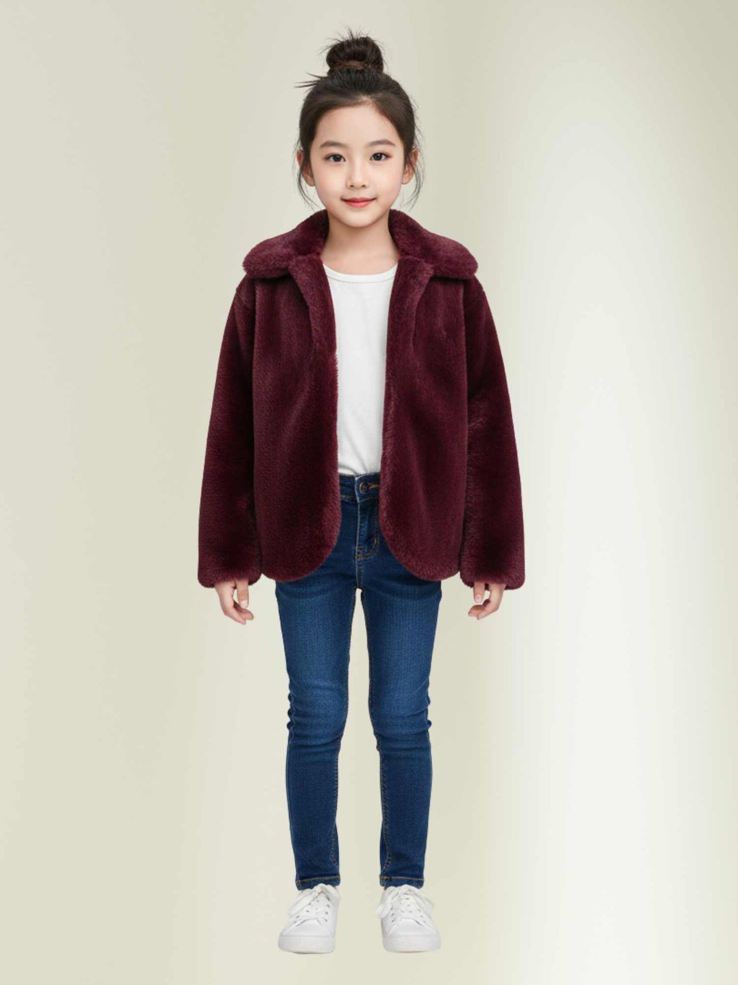 maroon faux fur jacket with jeans, premium warm winter jacket for girls by Faryra, cozy kids winter fashion.
