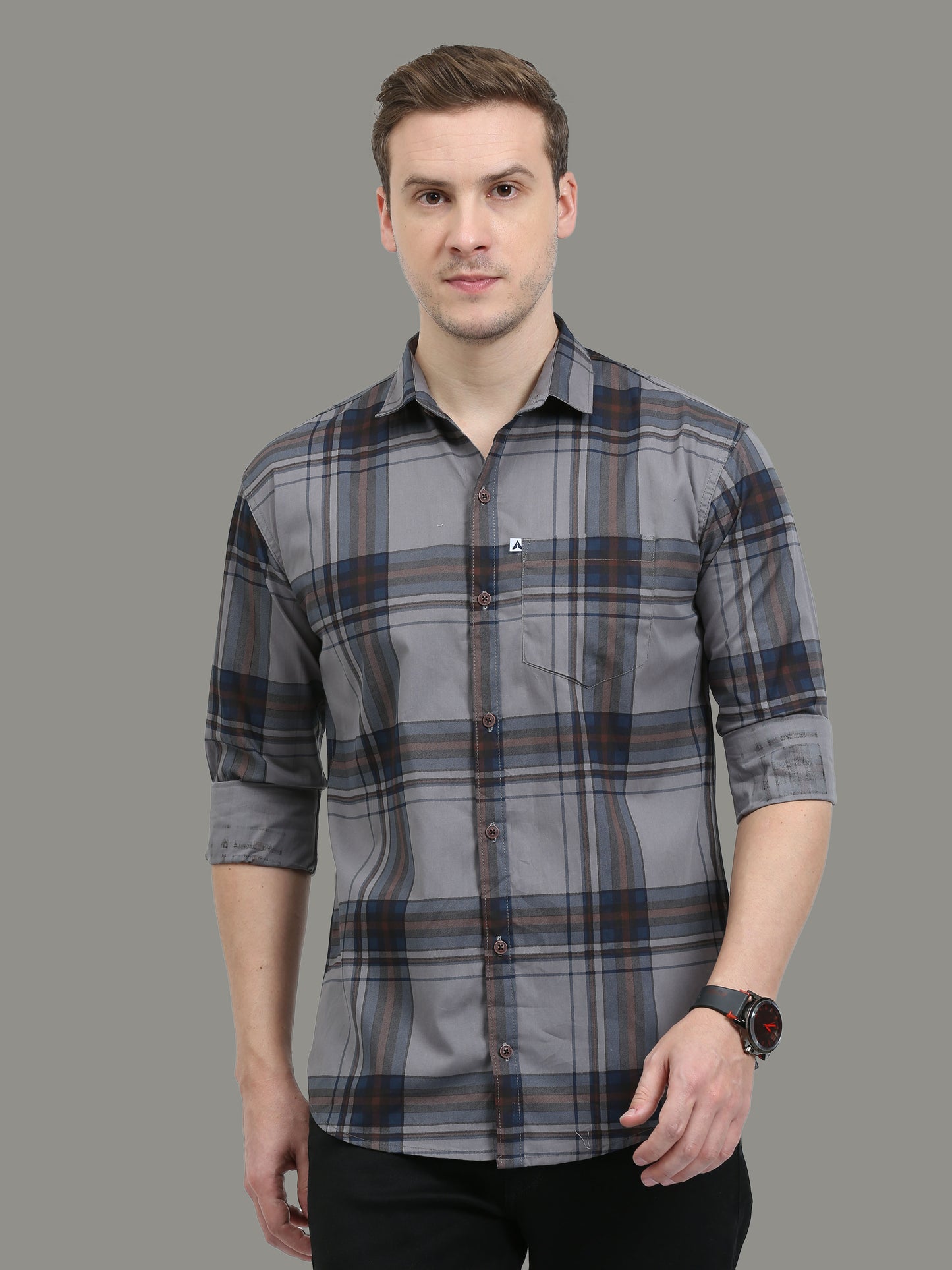 Broadchecks Grey Cotton Plaid Shirt Men 
