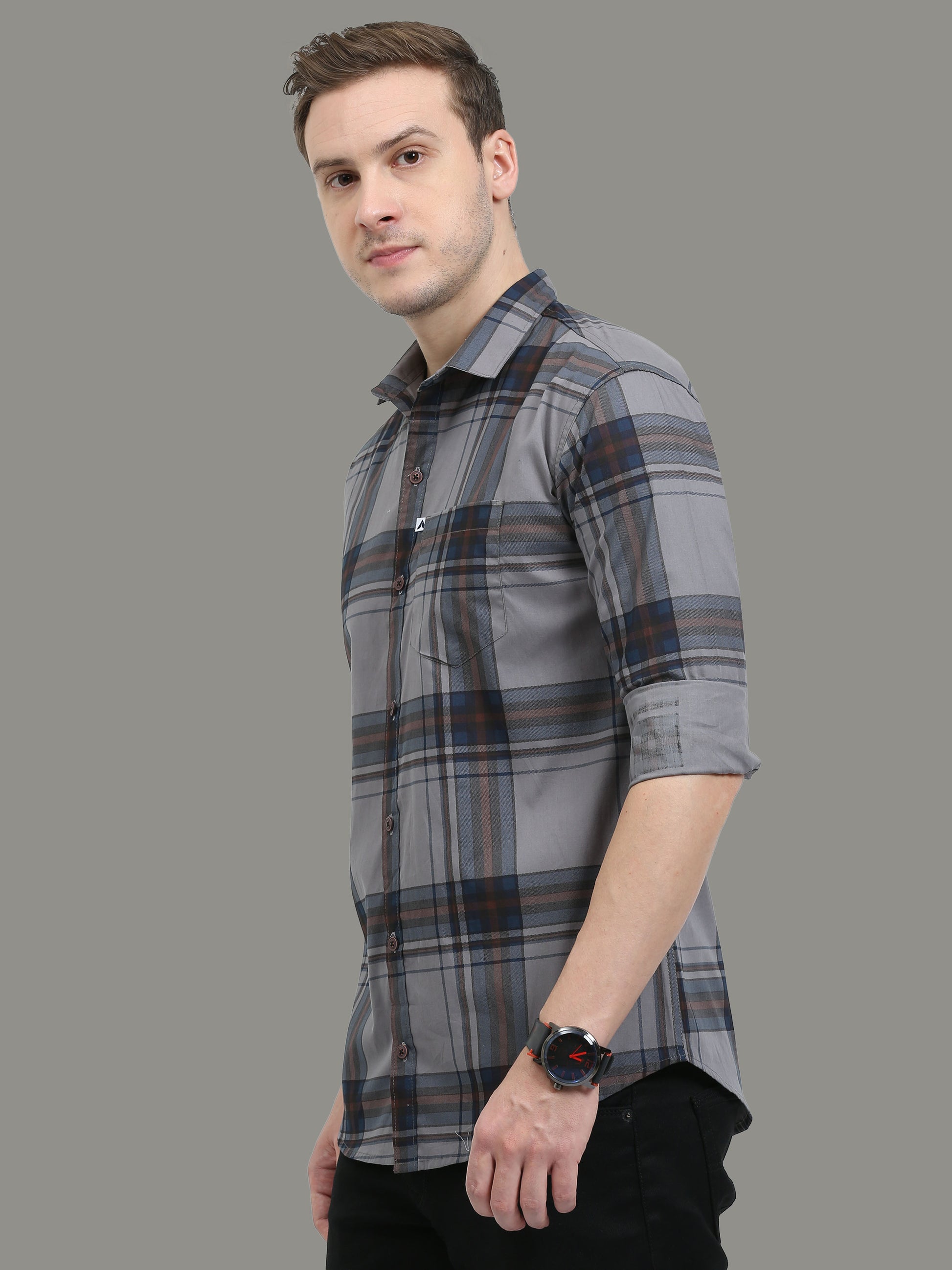 Broadchecks Grey Cotton Plaid Shirt Men 