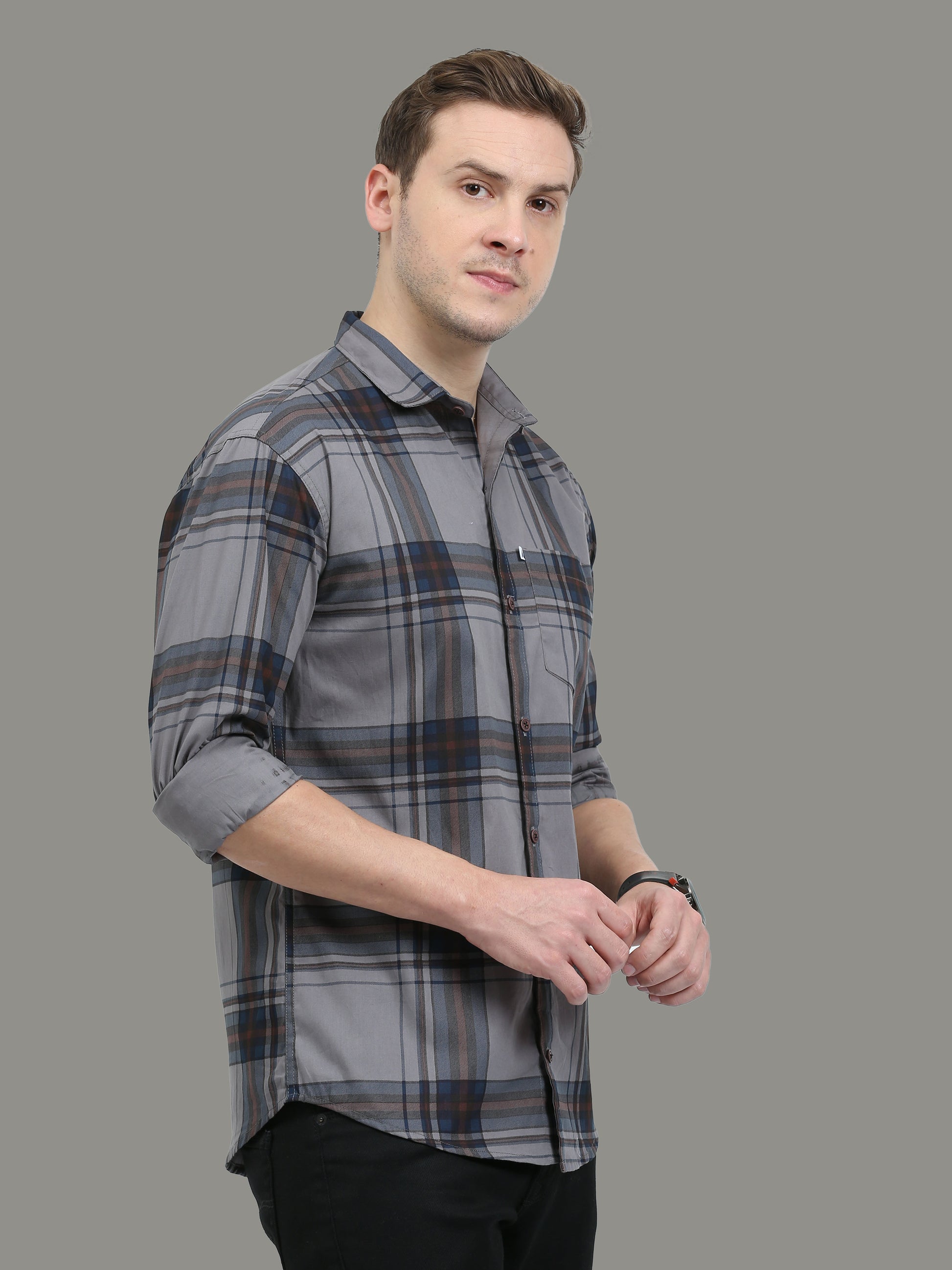 Broadchecks Grey Cotton Plaid Shirt Men 