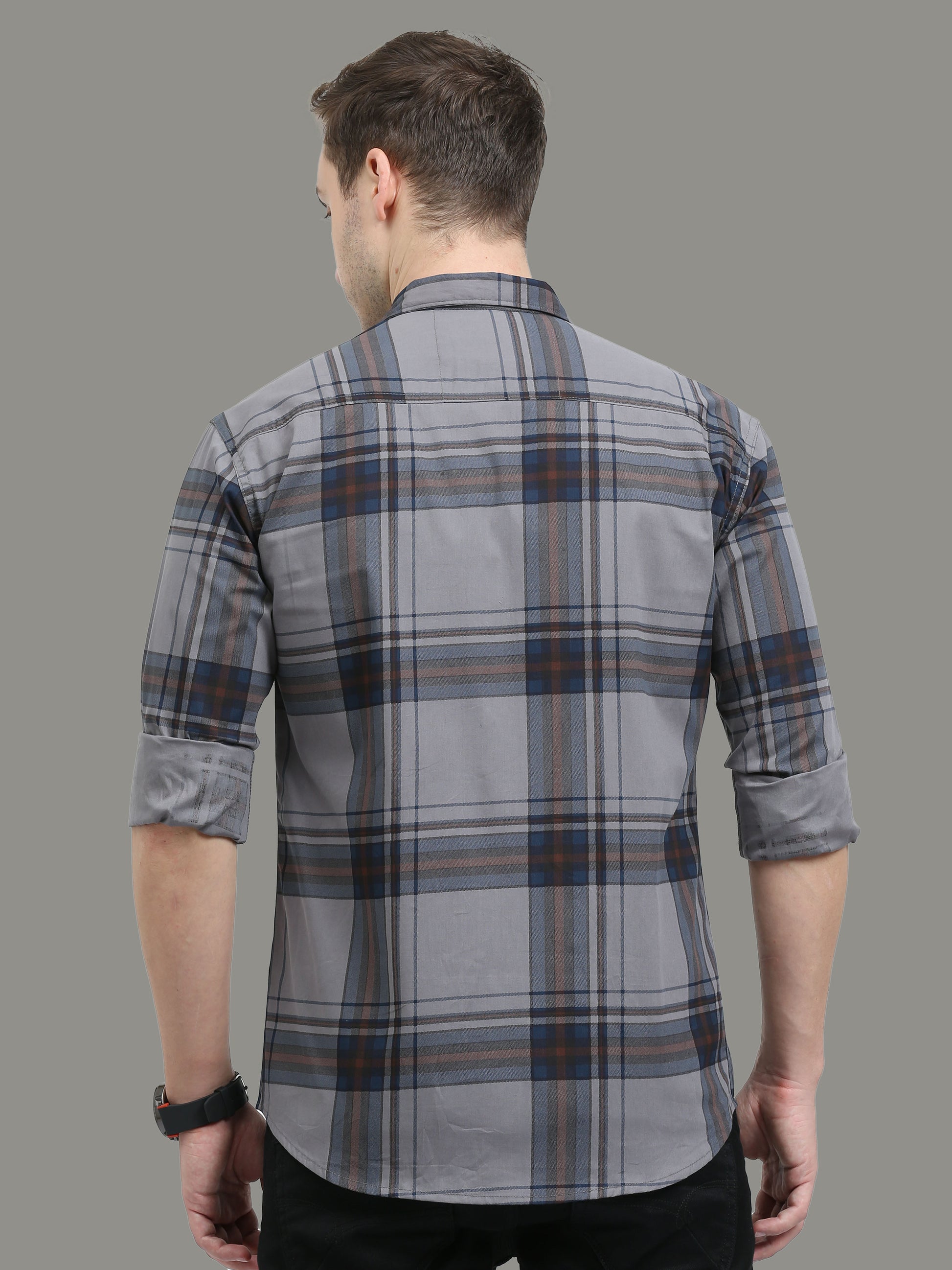Broadchecks Grey Cotton Plaid Shirt Men 
