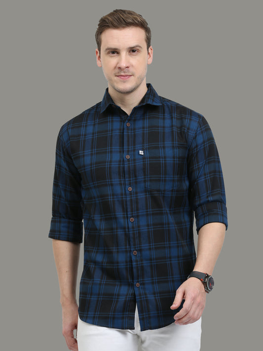 Tiger Navy Cotton Plaid Shirts For Men