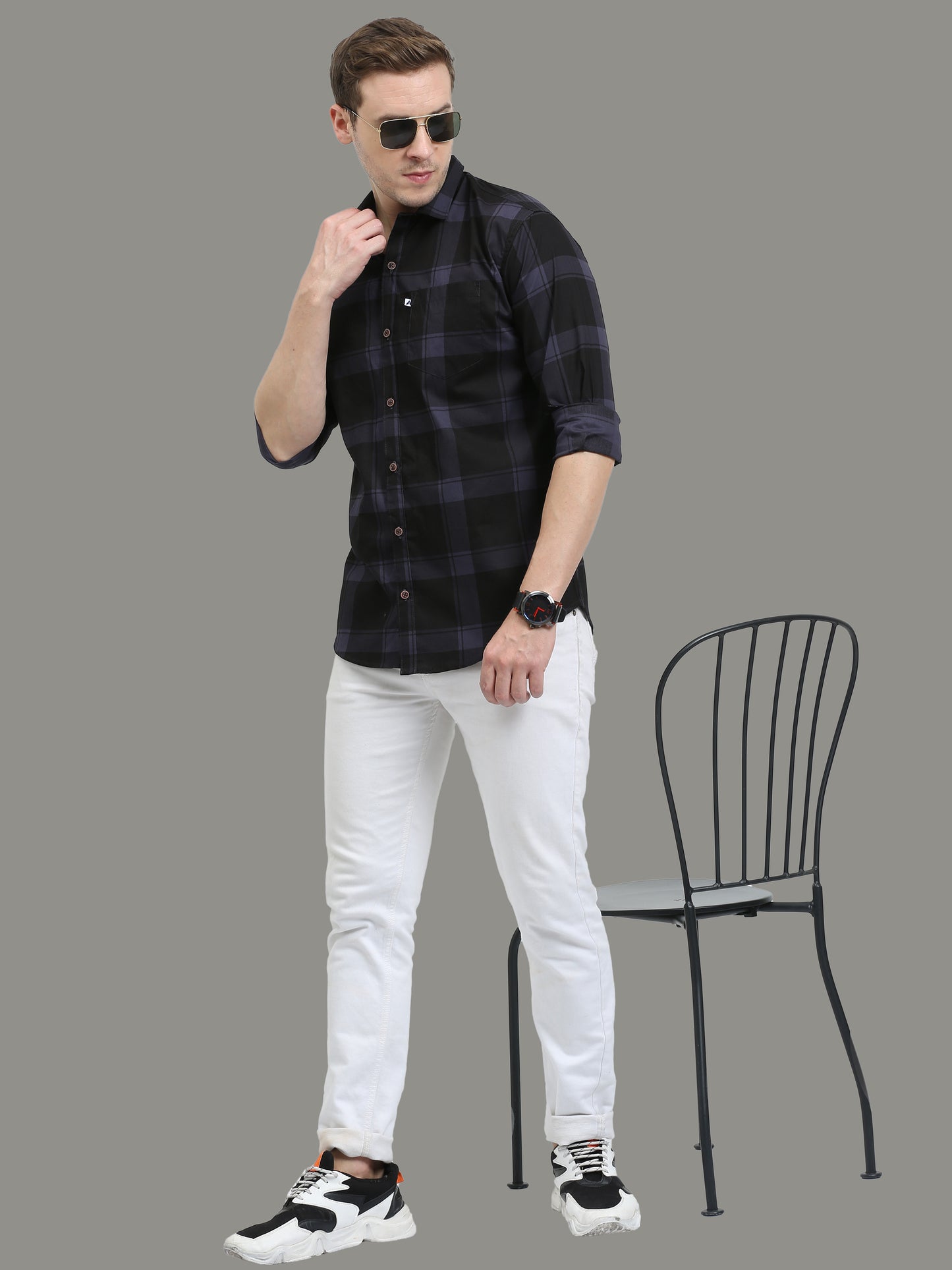 Plaid Check Grey Shirt for Men with Regular Fit