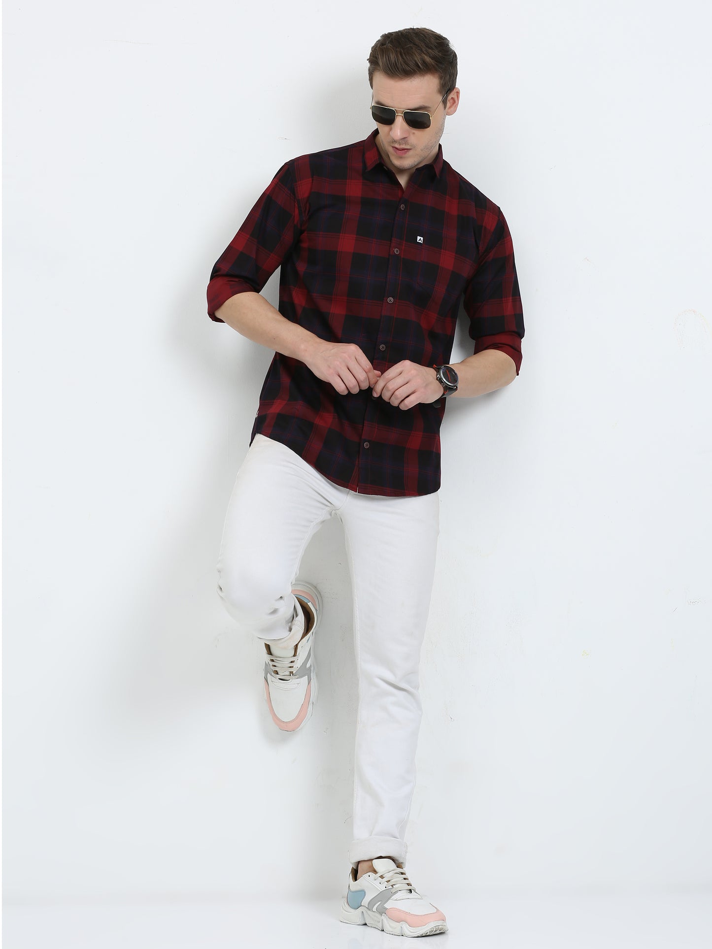 Men's Tartan checkered Red Cotton Blend Regular Fit Shirt
