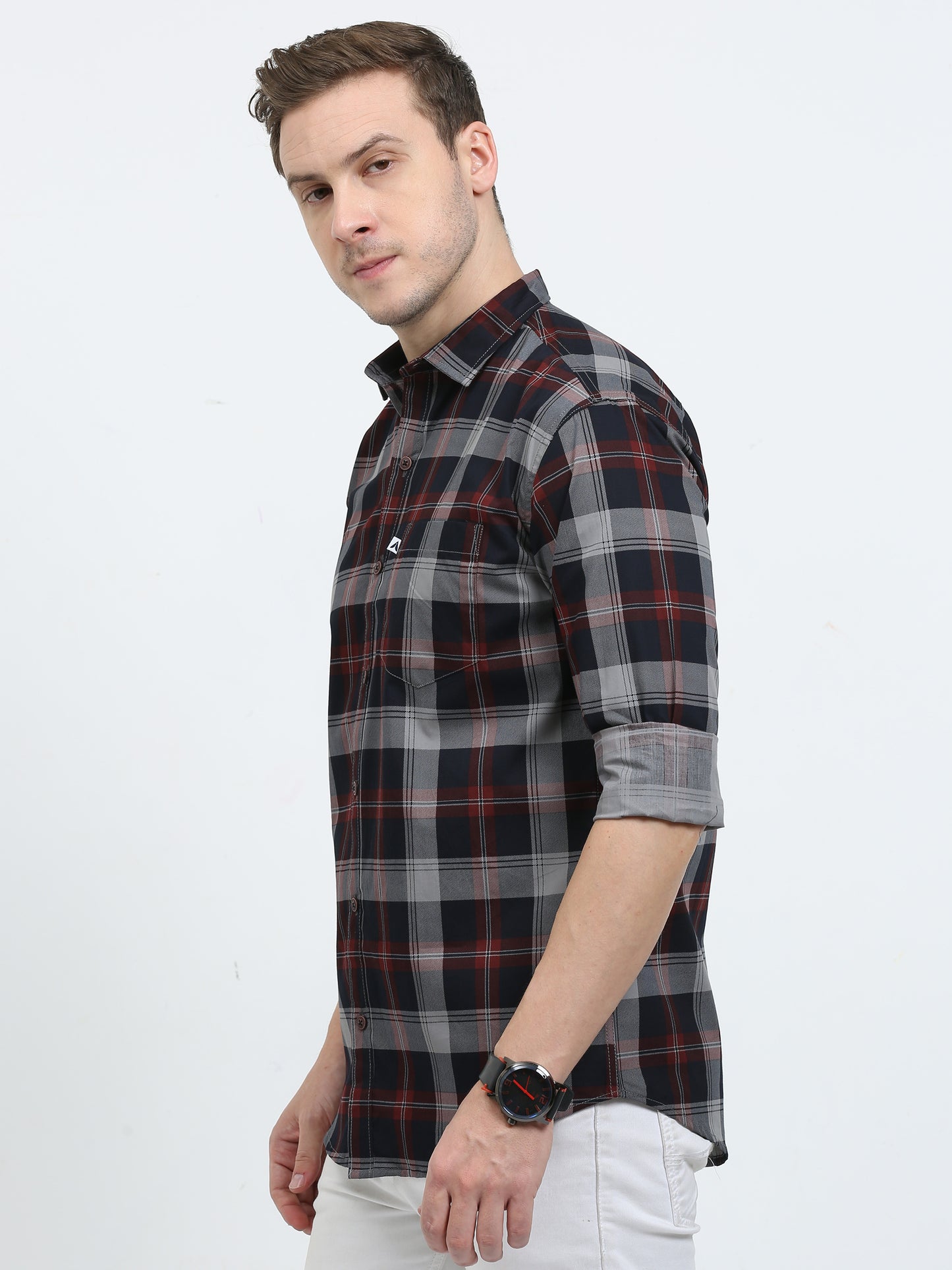 Men's Tartan checkered Ash Grey Cotton Blend Regular Fit Shirt