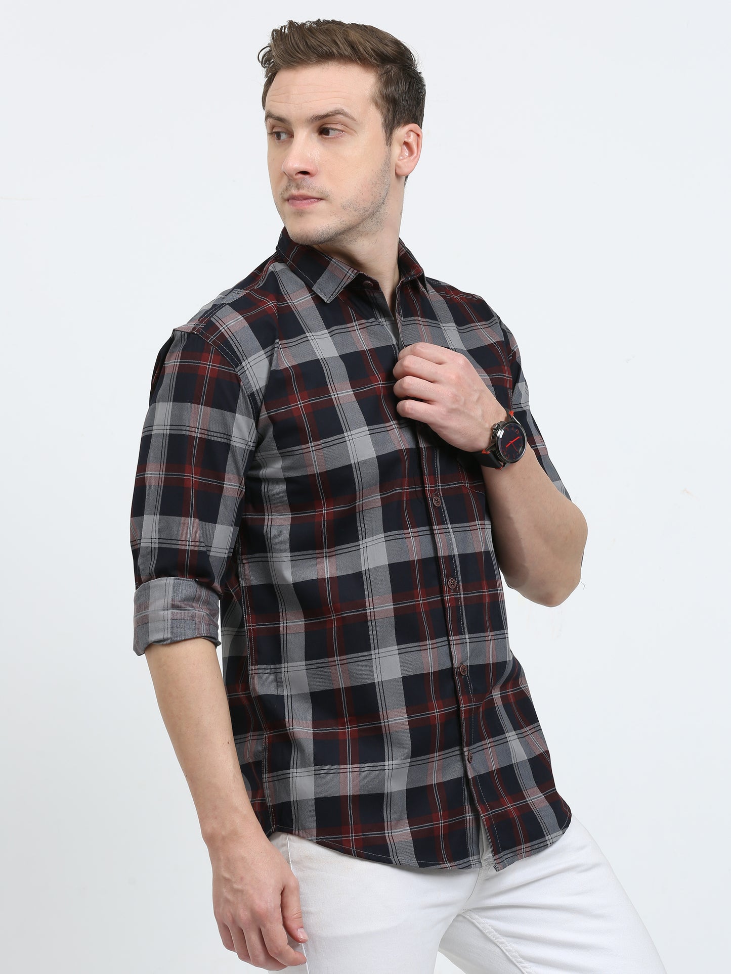 Men's Tartan checkered Ash Grey Cotton Blend Regular Fit Shirt