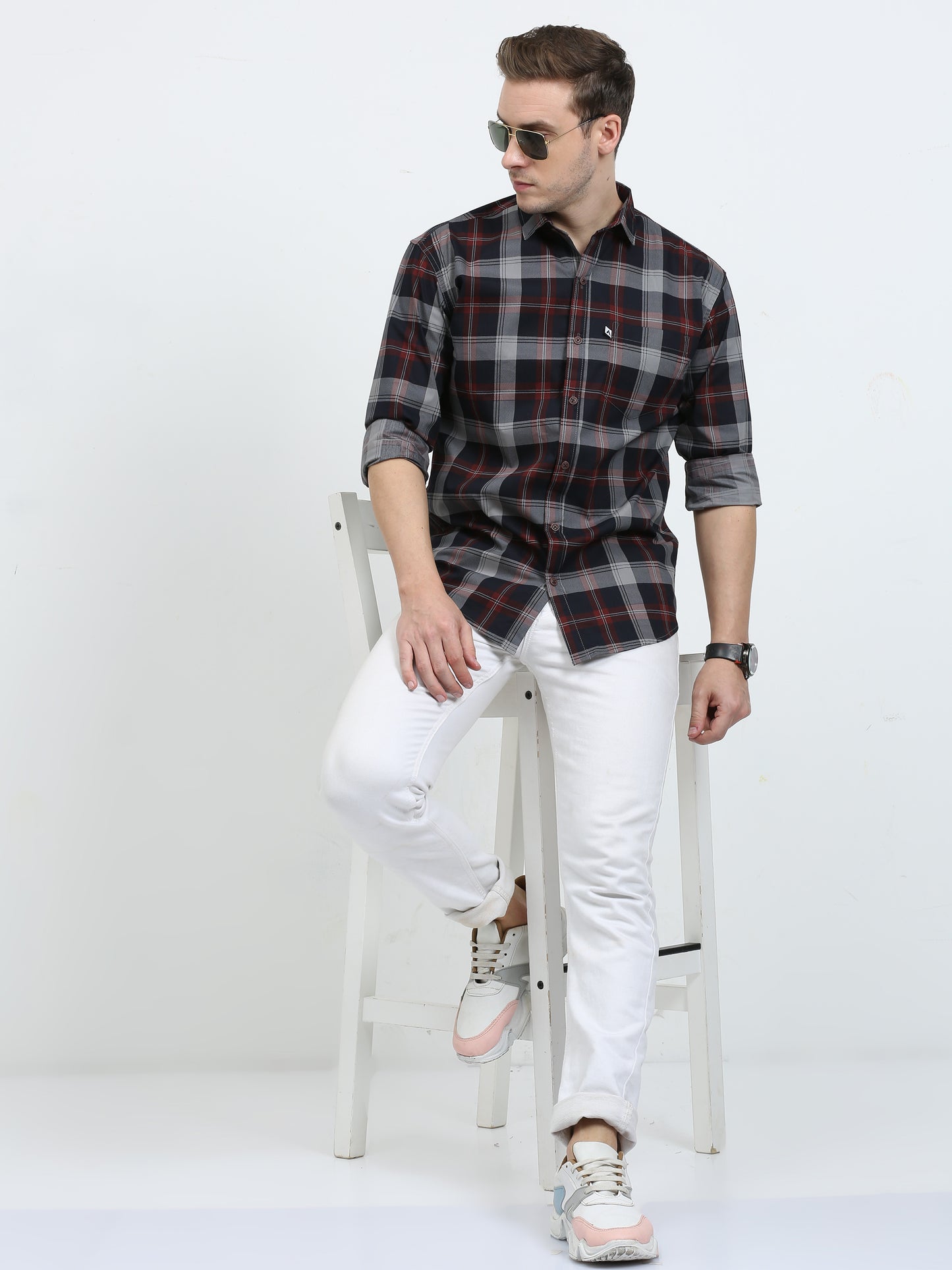 Men's Tartan checkered Ash Grey Cotton Blend Regular Fit Shirt