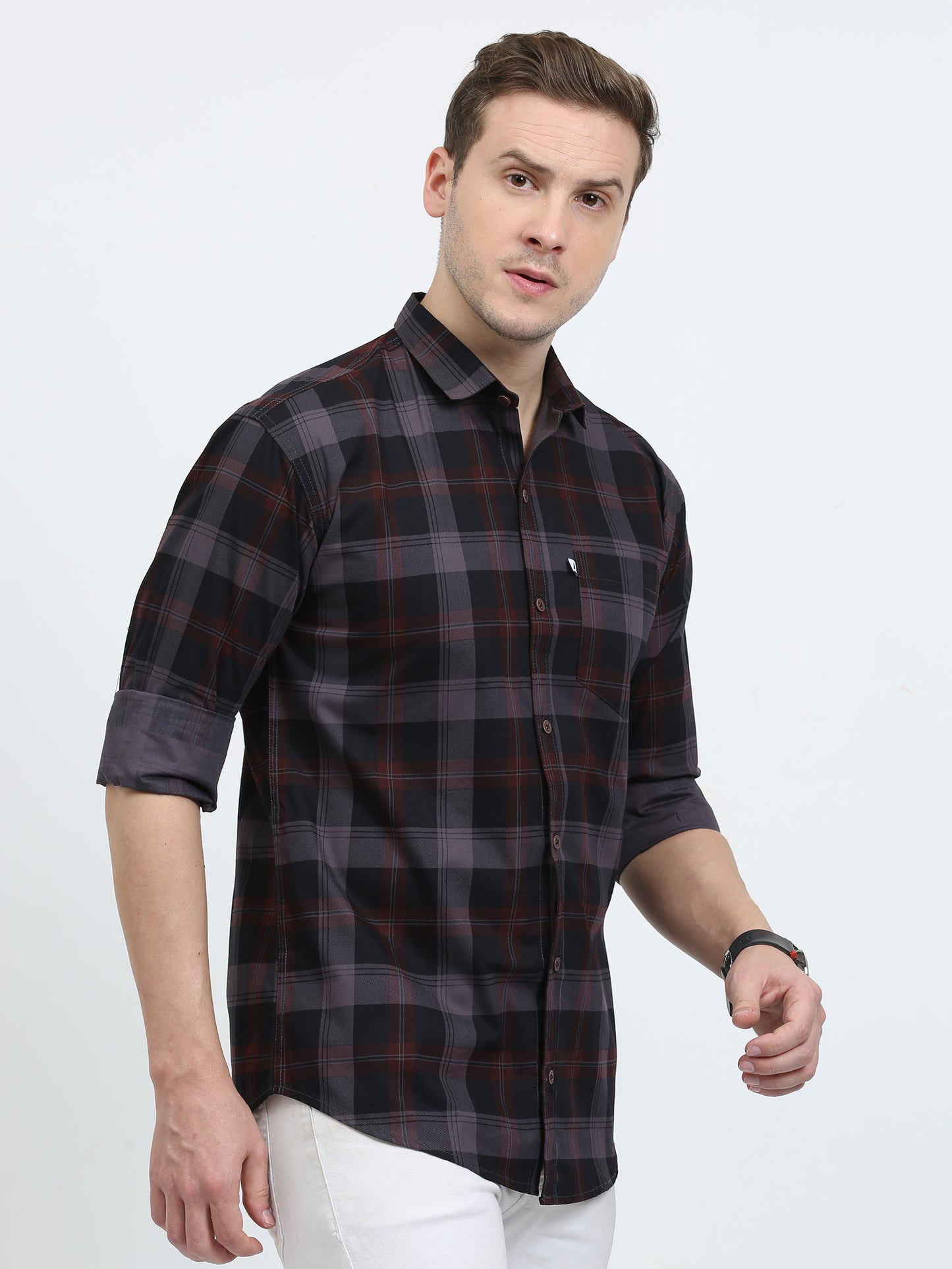 Men's Tartan checkered Grey Cotton Blend Regular Fit Shirt