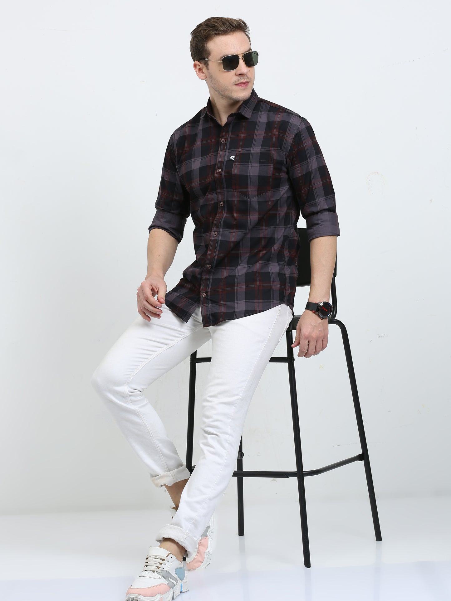 Men's Tartan checkered Grey Cotton Blend Regular Fit Shirt