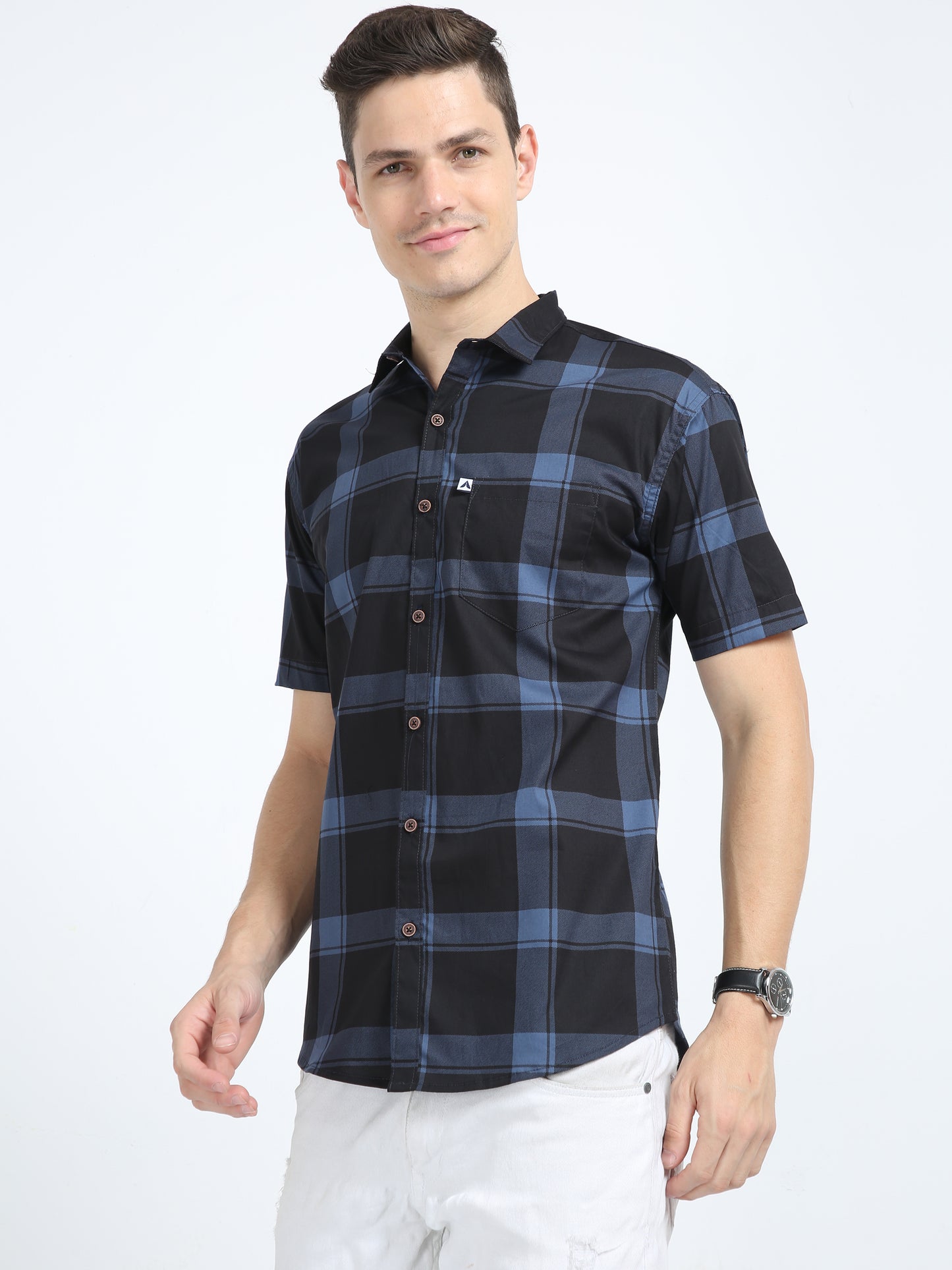 Men's Half Sleeve Tartan Plaid Blue Check Shirt Regular Fit