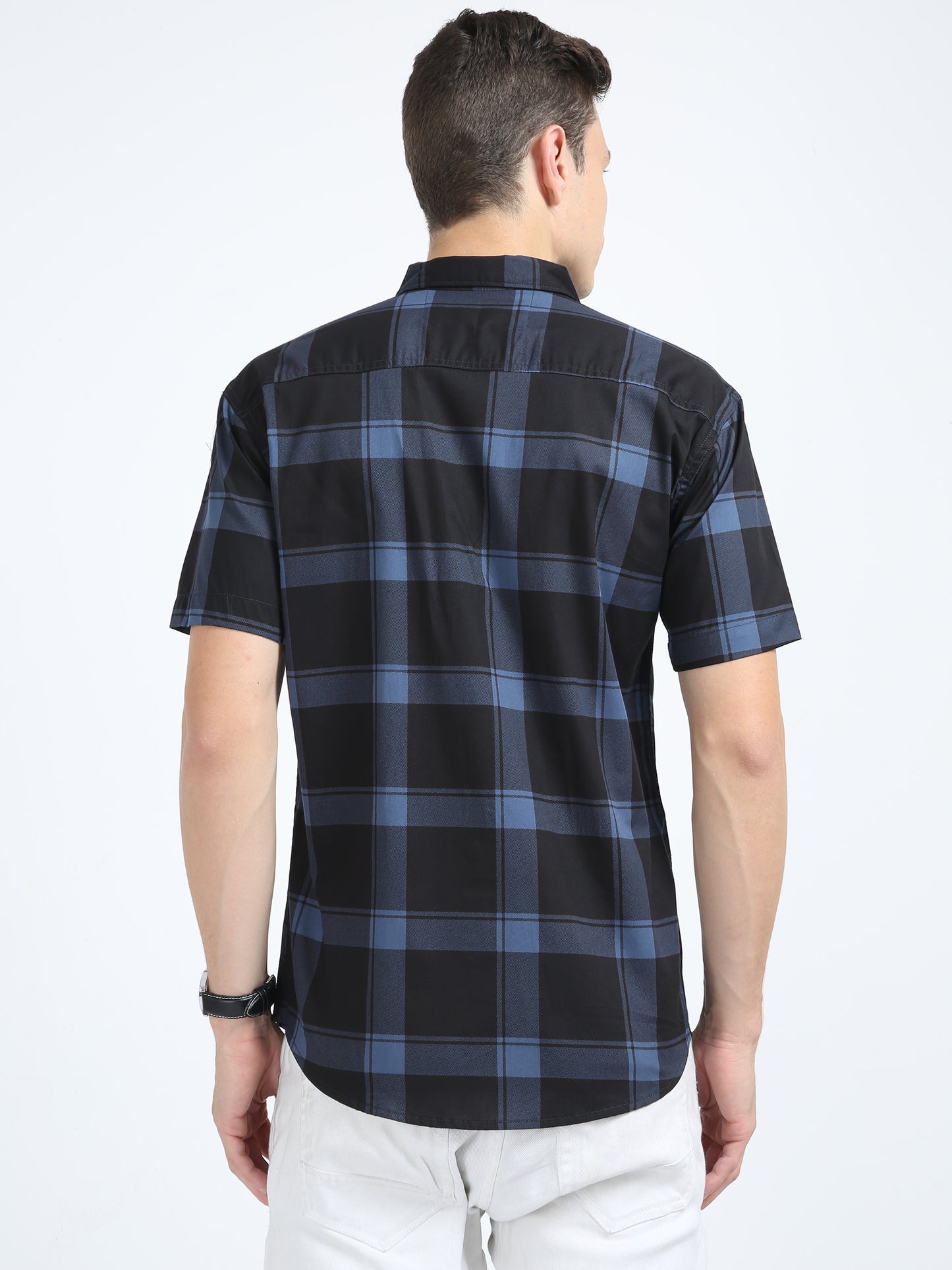 Men's Half Sleeve Tartan Plaid Blue Check Shirt Regular Fit