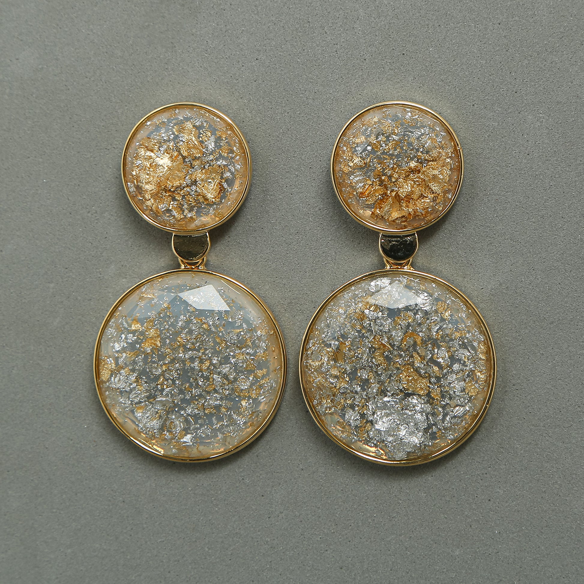 Gold foil resin double round drop earrings with glittery silver and gold flakes